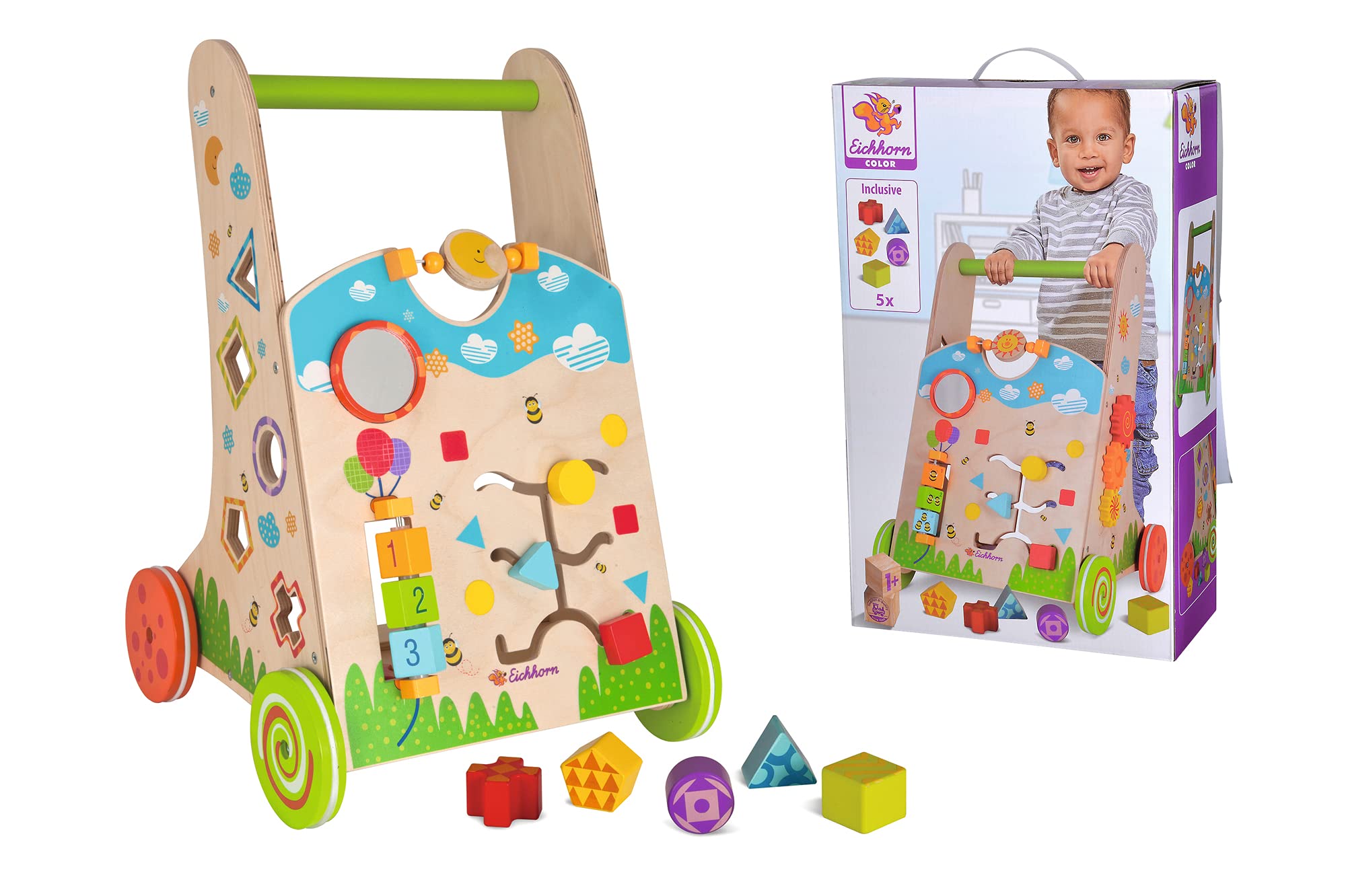 Eichhorn 100002253 - Bunter Spiel- und Lauflernwagen, 6 teilig, Sortierspiel, Drehspiel, Steckspiel und 5 Steckbausteine 33,5x32x51cm, Birkenholz