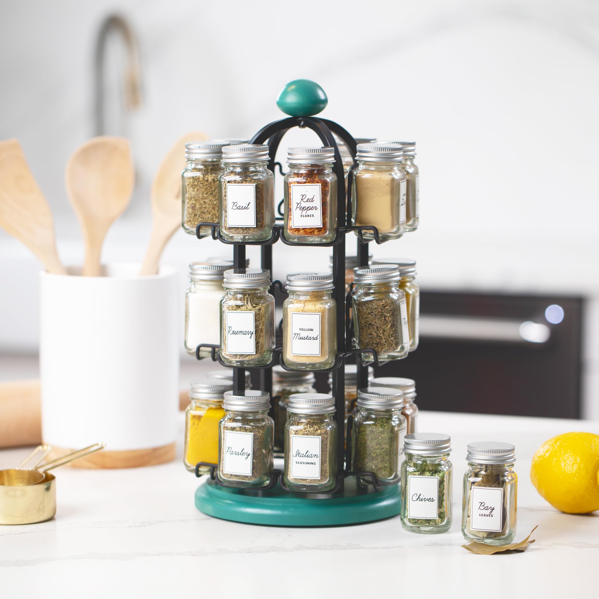 Orii Adrinova Étagère à épices rotative pour 24 bocaux avec épices incluses, organiseur à épices pour comptoir de cuisine, recharges d'épices gratuites pendant 5 ans, noir et vert