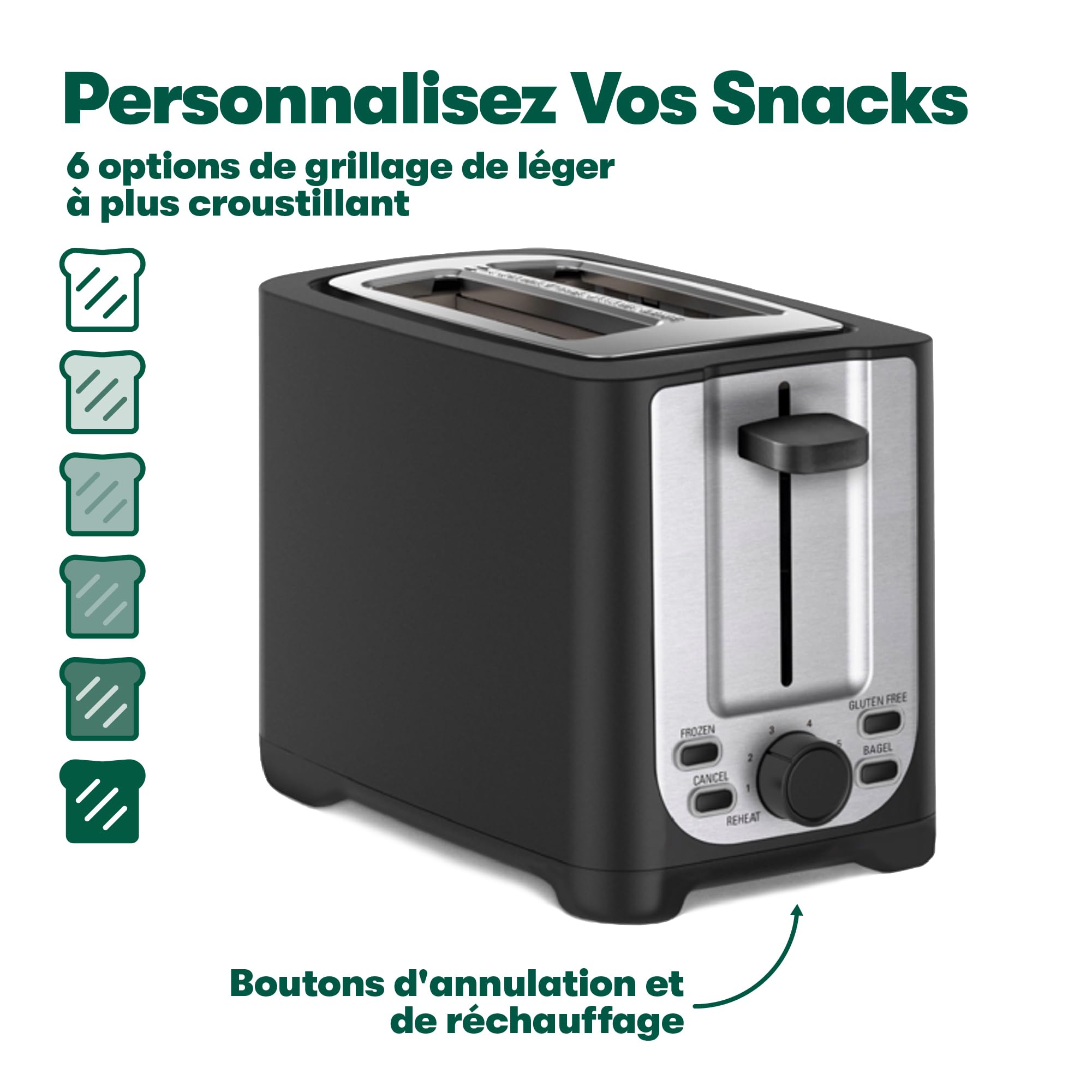 bella Tostapane a 2 fette con spegnimento automatico, fessure extra larghe, vassoio raccoglibriciole rimovibile, scongelamento e riscaldamento - pane tostato, bagel e waffle, nero