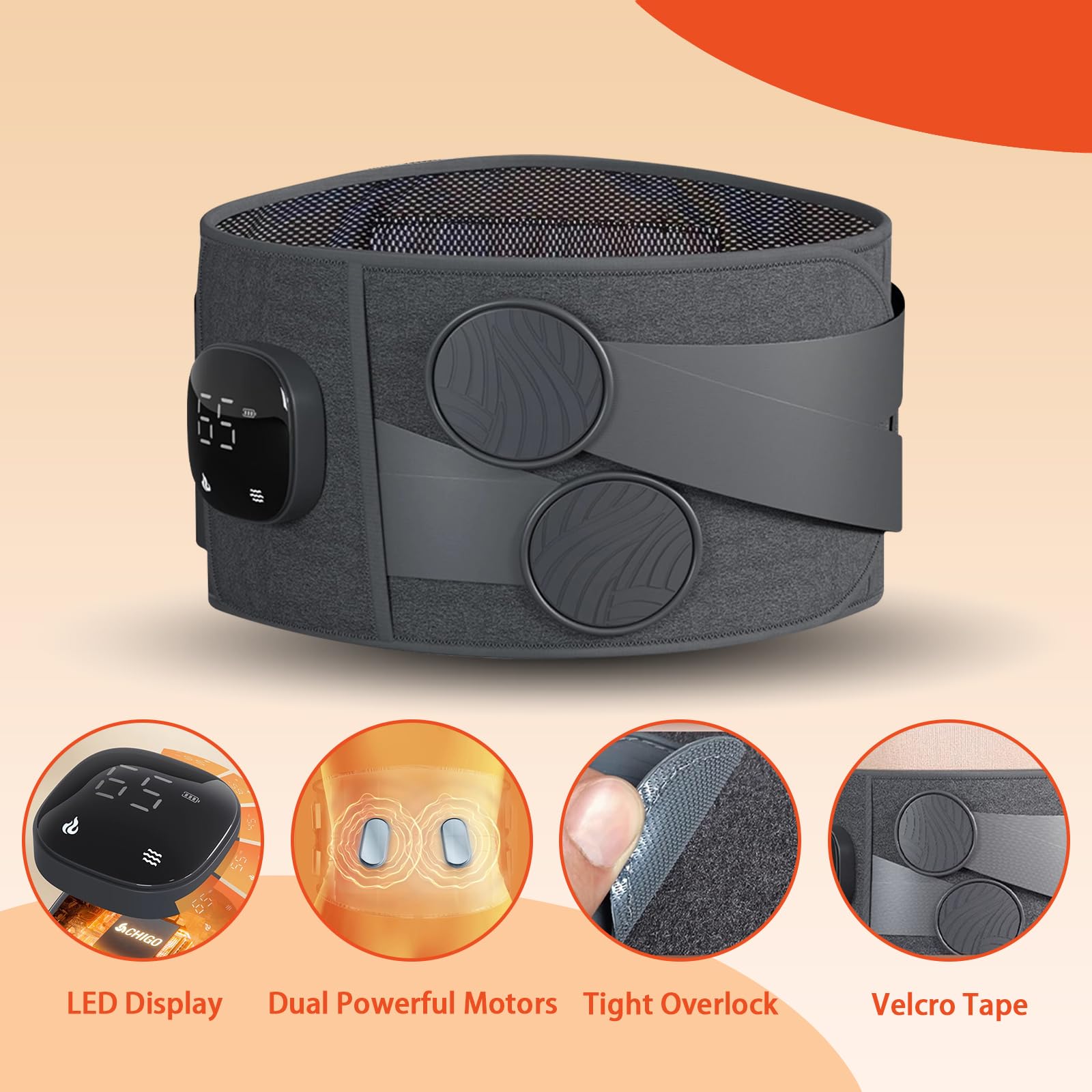 Cinturón Térmico de Vibración con 3 Niveles de Calor y 3 Modos de Masaje, Cinturón Lumbar Eléctrico Inalámbrico con Banda Ajustable y Apagado Automático (110 x 22 cm)
