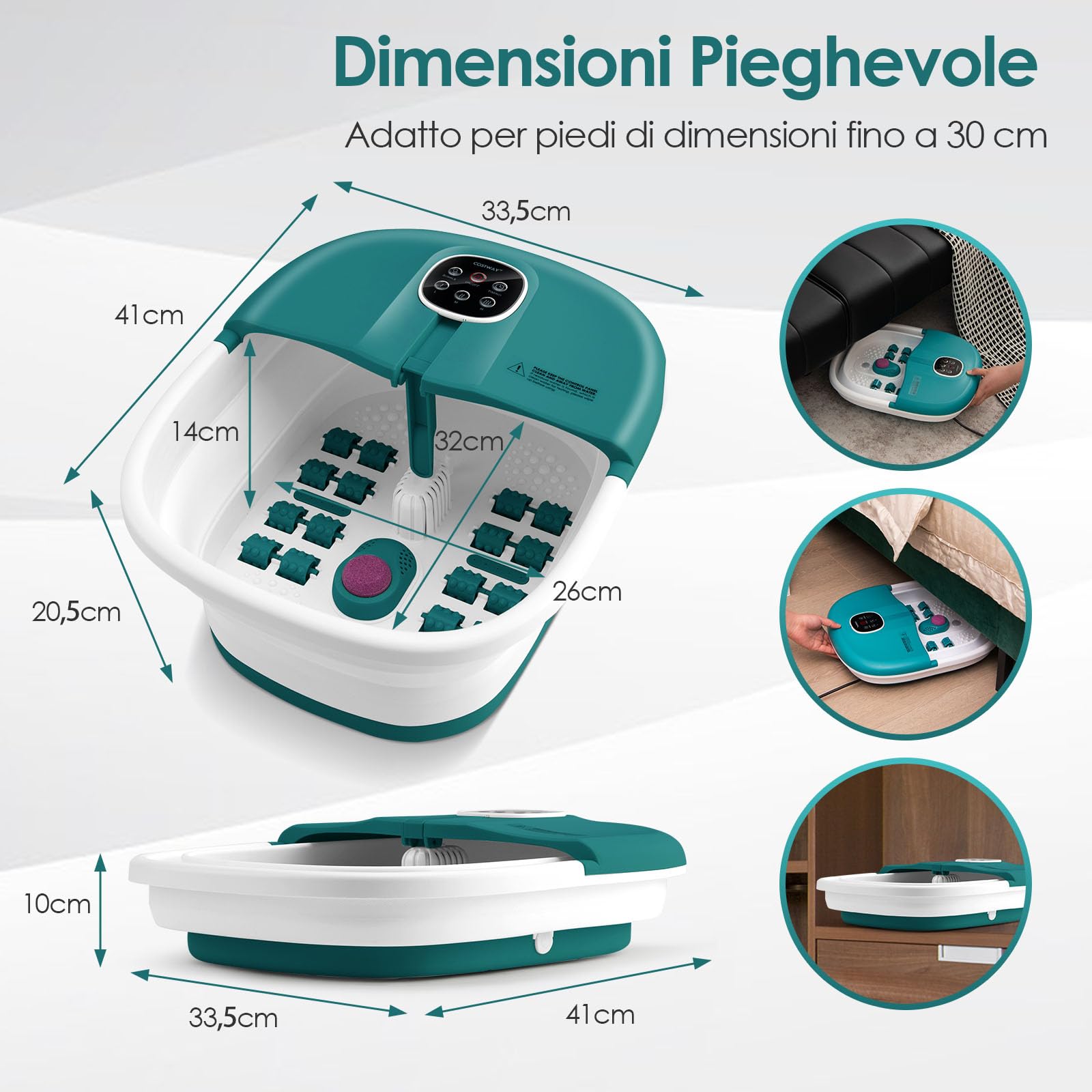 GYMAX Pediluvio Elettrico, 3 in 1 Massaggiatore Piedi Pieghevole con Riscaldamento dell’Acqua in 3 Livelli, Getti di Bolle, Pannello di Controllo Magnetico, per Tutta la Famiglia (Verde Scuro)