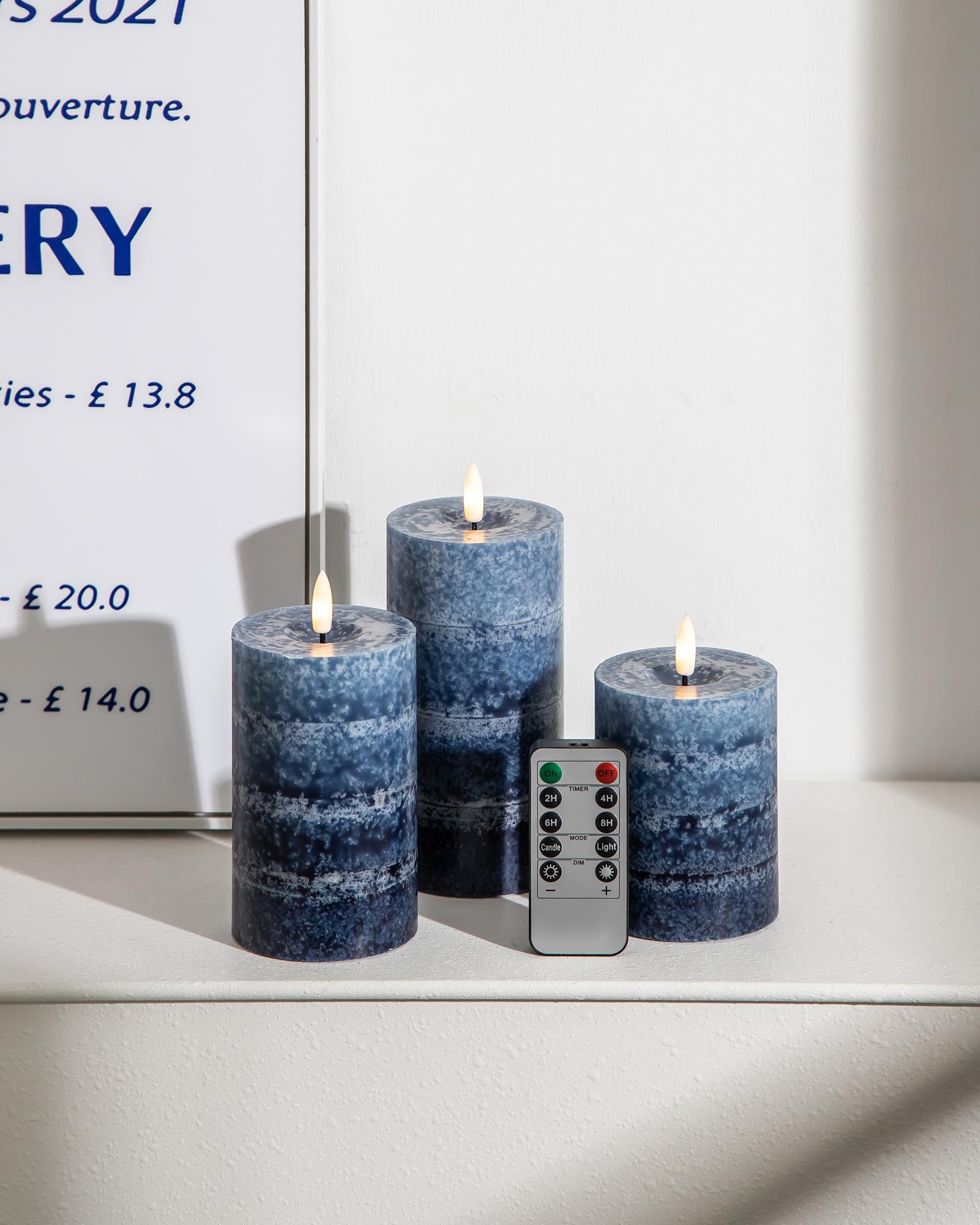 Stmarry Candele senza fiamma sfumate blu navy con telecomando e timer, candele a pilastro a LED realizzate in vera cera, funzionamento a batteria con fiamma tremolante 3D, 7,6 x 10,2 cm, 7,6 x 12,7 cm