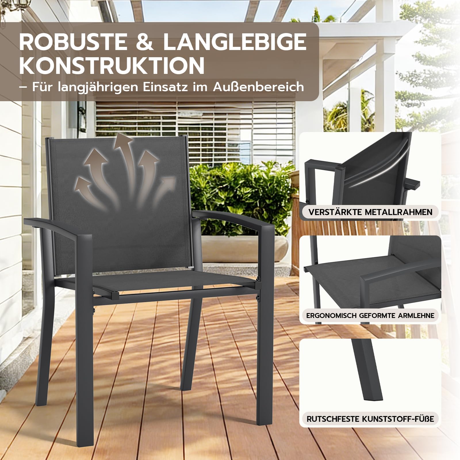 UDPATIO Gartenstühle Stapelbar 4er Set, Gartenstuhl Hochlehner, Balkonstuhl Wetterfest, Stapelstühle, Terrassenstühle Wetterfest 160kg Belastbar, Grau