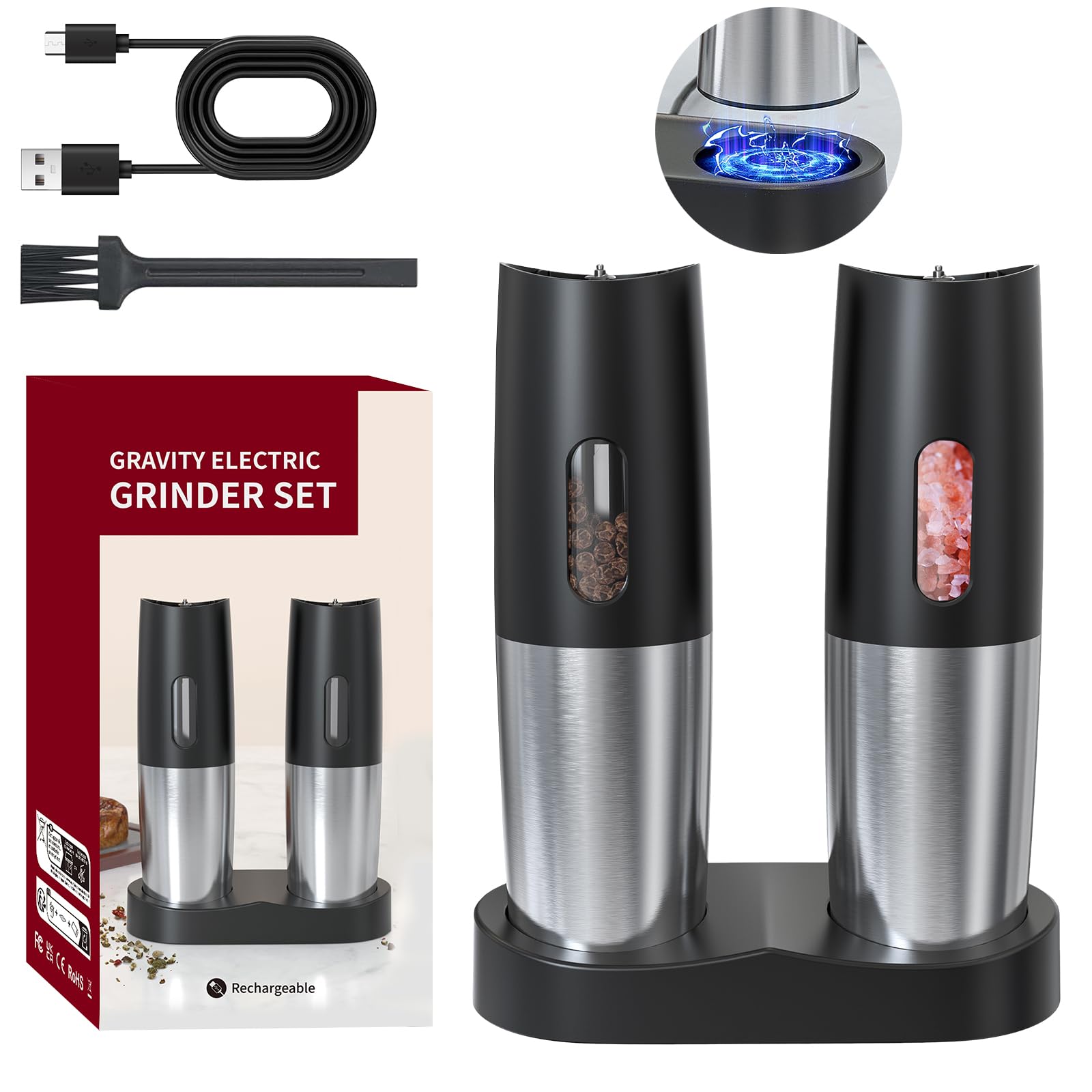 RUIVOKUR Electric Salt & Pepper Grinder Set - Automatic Gravity Grinders, Adjustable Coarseness, Stainless Steel