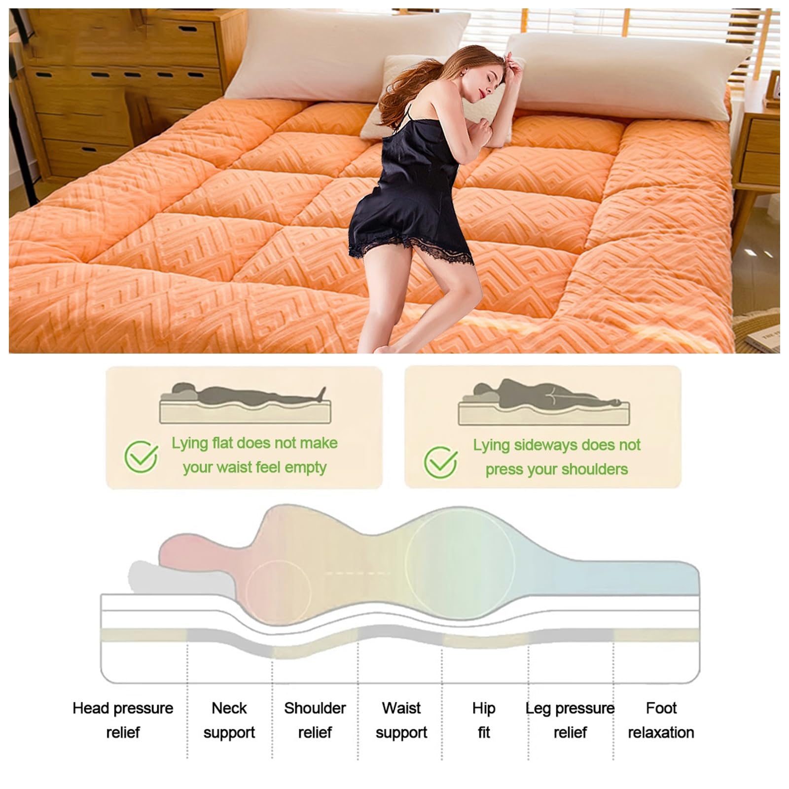 Materasso futon giapponese colorato, tappetino pieghevole arrotolabile, letto portatile per dormire a pavimento, diverse dimensioni (arancione, 100 x 200 x 10 cm), soluzione comoda per la biancheria