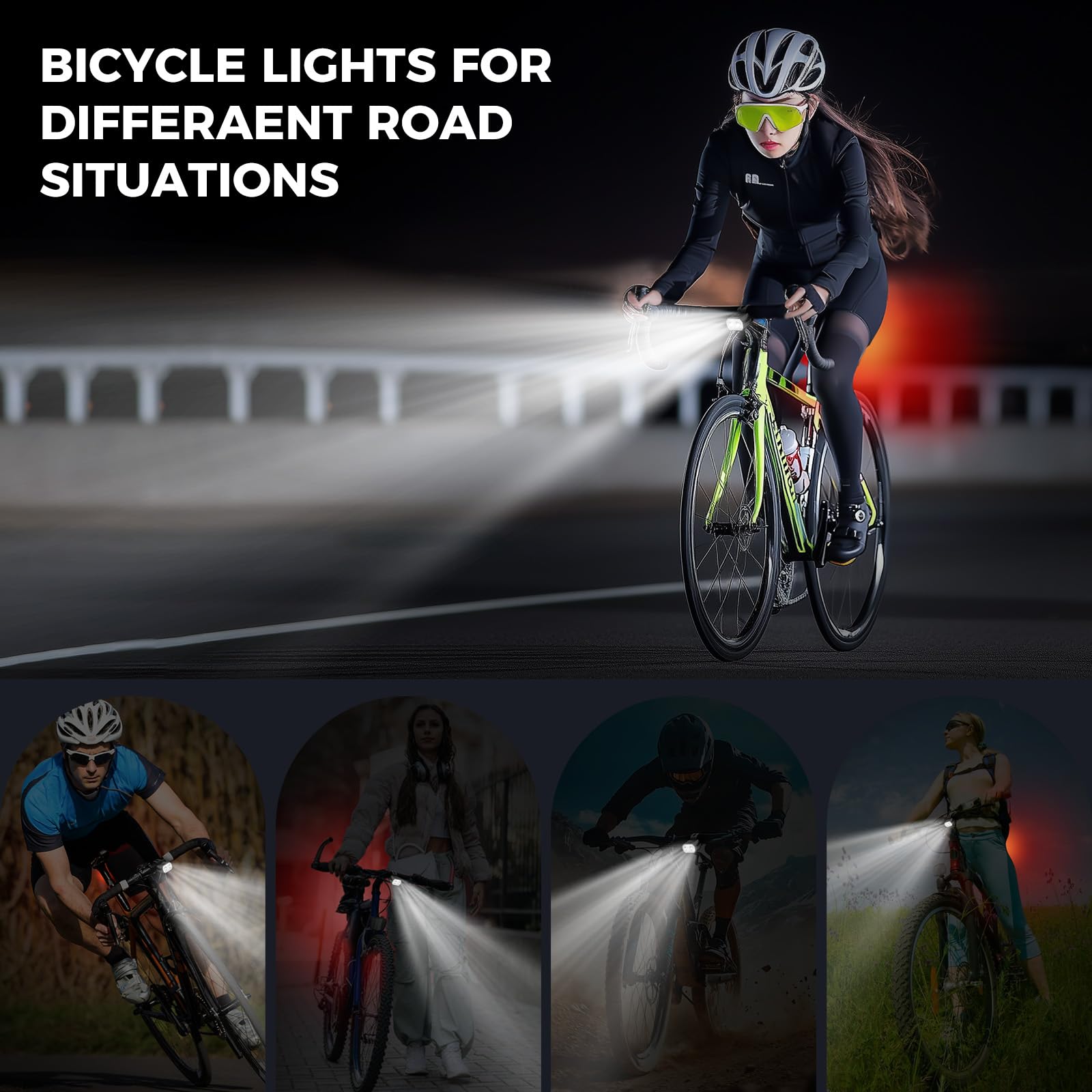 Blendura Lampa rowerowa, 6+6 trybów światła rowerowego z przodu i z tyłu LED, ładowana przez USB, IPX6, lampa rowerowa, do rowerów górskich i rowerów