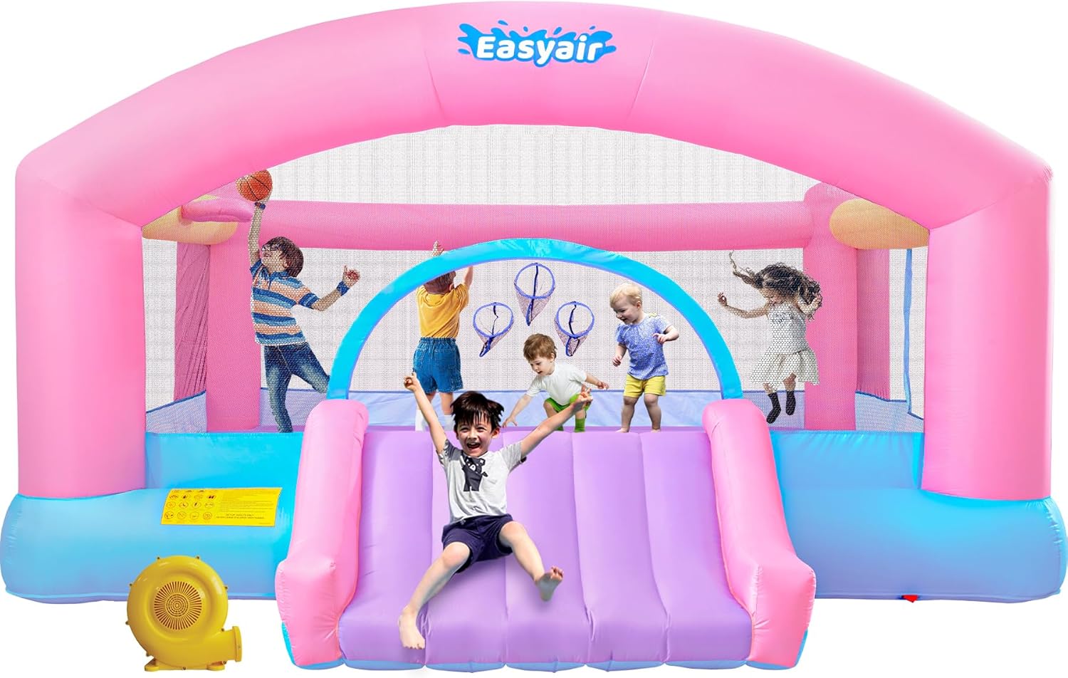 ( similar) Large Bounce House for Big Kids, 14.8 x 14.5 FT Inflatable Bouncer Jumper Slide with 650W Blower, Basketball Hoop, Throw Ball Game, Ball Pits (Pink, 177\" L x 174\" W x 94\" H)