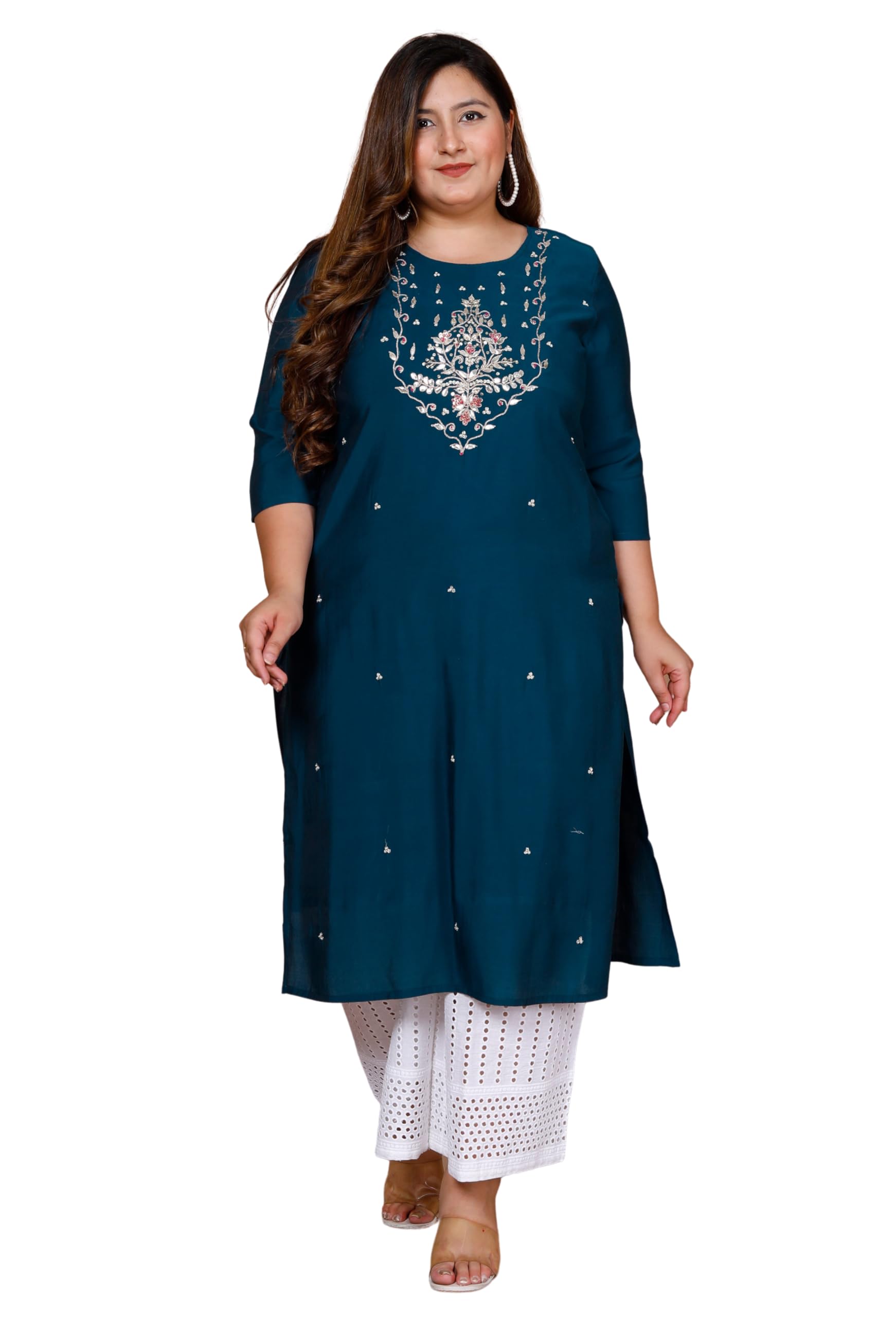 Plus Size Blue Printed Cotton Suit Set With Dupatta
