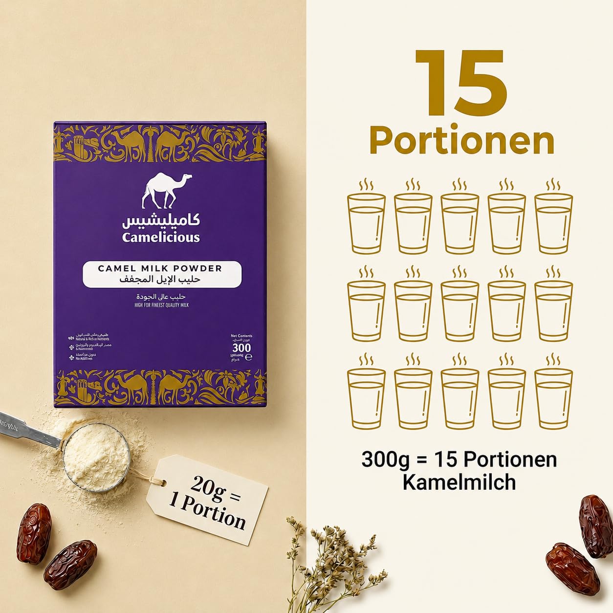1200g de leche de camello en polvo original (de Dubái, 4x300g) - GARANTÍA DEL MEJOR PRECIO - Cura de bebida - Leche de camello en polvo (4x300g)