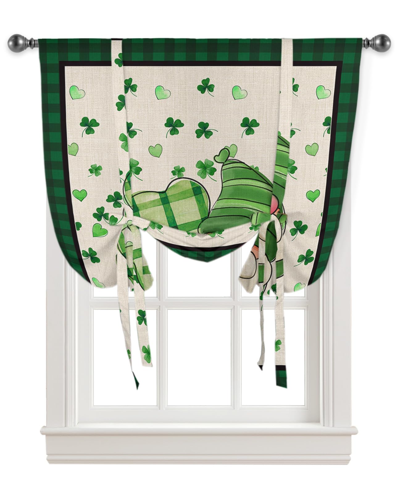 Gnomes Tie Up Curtains for Kitchen Bathroom Bedroom Windows 63 Inch Length, Balloon Drape Curtains Shade Rod Pocket Drapery Curtain St. Patrick's Day Farmhouse Clover Plaid Green 1 Panel, 46