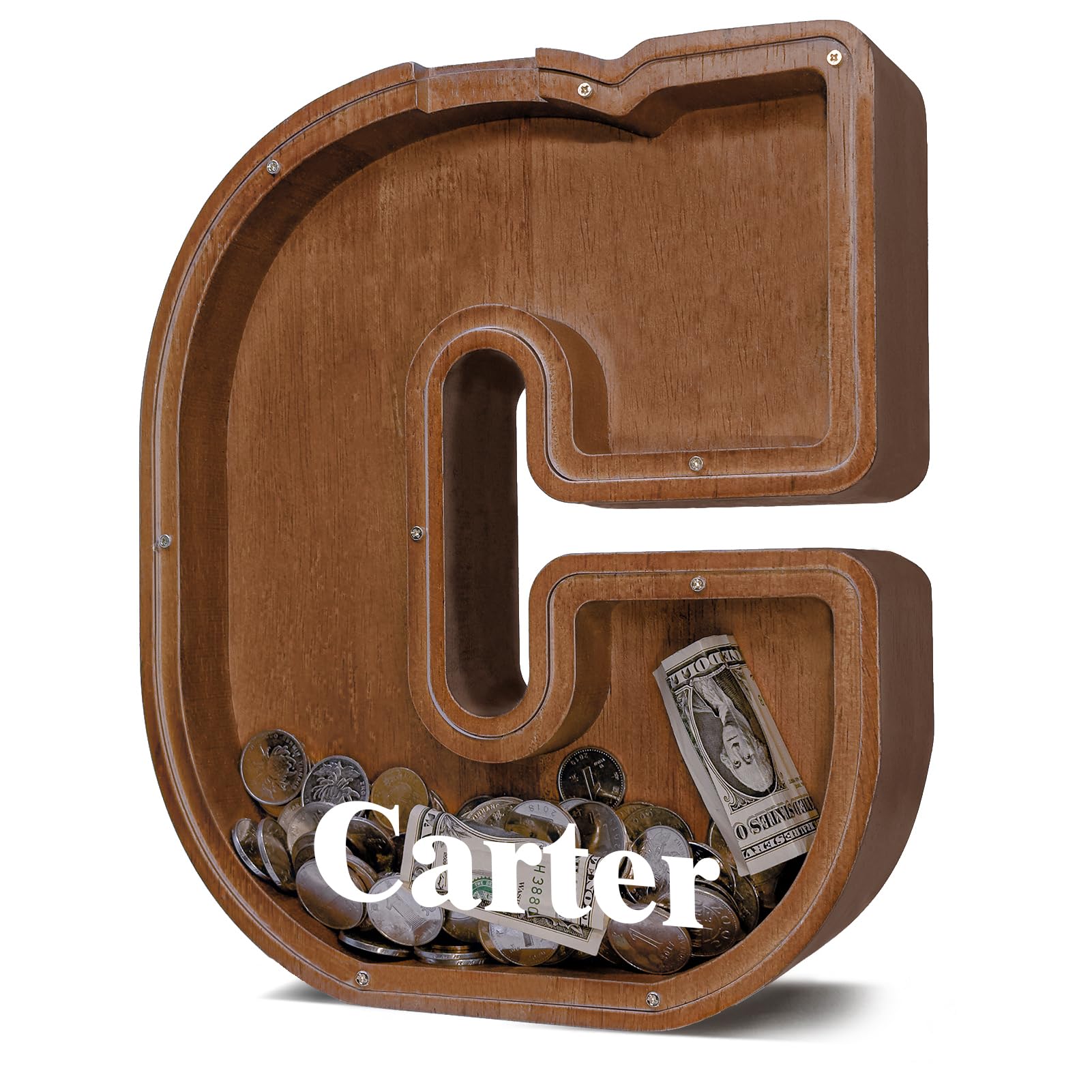 JOOMLAFLY Personalized Wooden Letter Piggy Bank for Kids - Larger Initial Coin Bank for Boys and Girls - Customized Wood Money Bank for Birthday and Festival