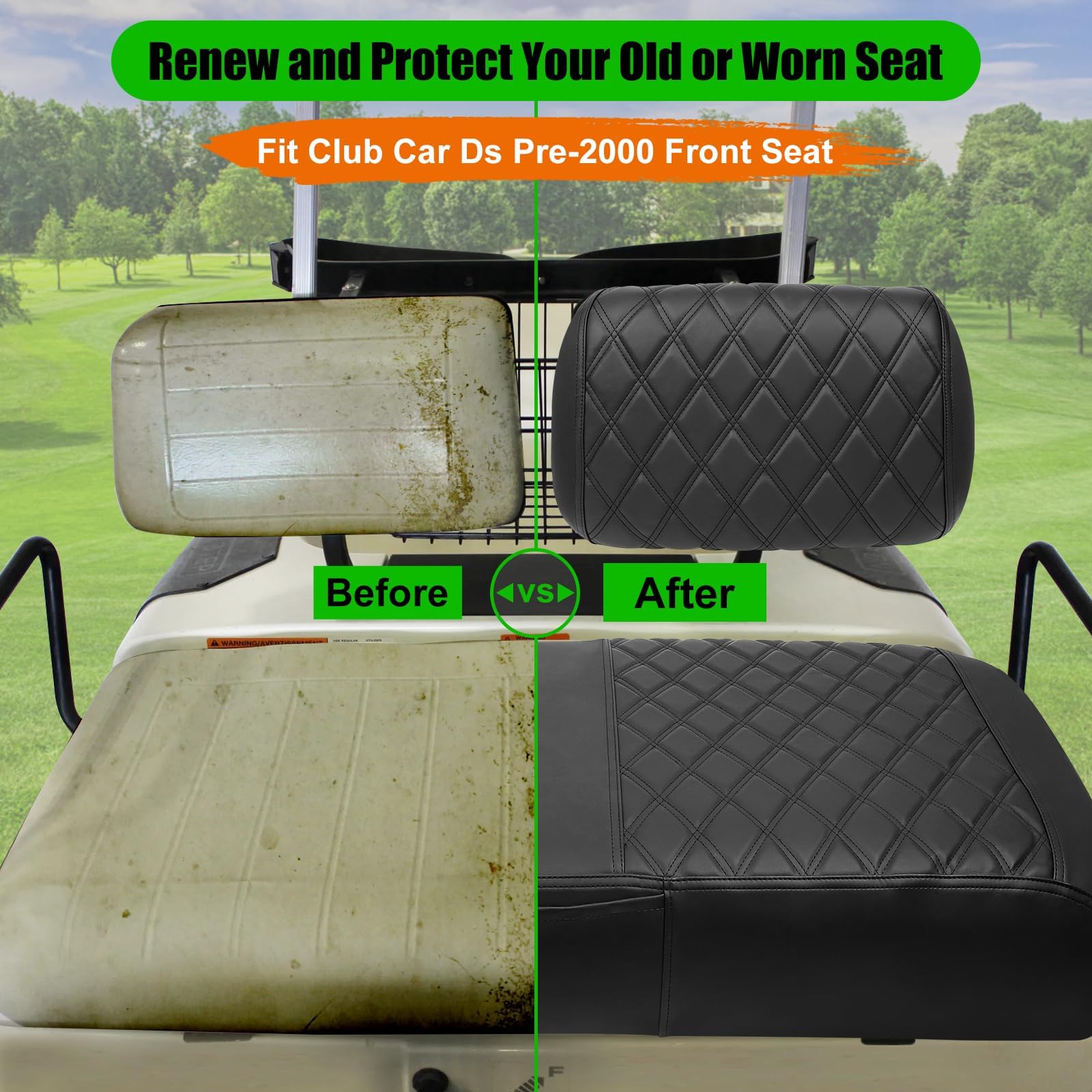 LEAPGOMAX Club Car DS Pre-2000 Golf Cart Seat Cover Thick Premium Marine Leather Made with Custom Diamond Stripe Soft Comfortable/Anti-Scratch/Anti-Fading/NO Stapler Required