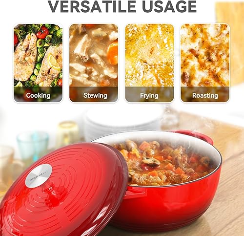 Miniatura 7 de Olla de horno holandés con tapa, horno holandés de hierro fundido esmaltado, 6 cuartos de galón, olla de hierro fundido para cocinar, color rojo