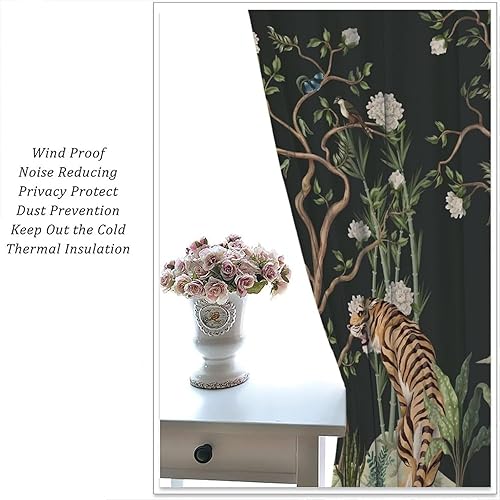Miniatura 5 de Cortinas opacas de tigre, flores blancas, árboles, tigres, bolsillo para barra, cortinas de ventana para dormitorio, sala de estar, 42 x 45 pulgadas