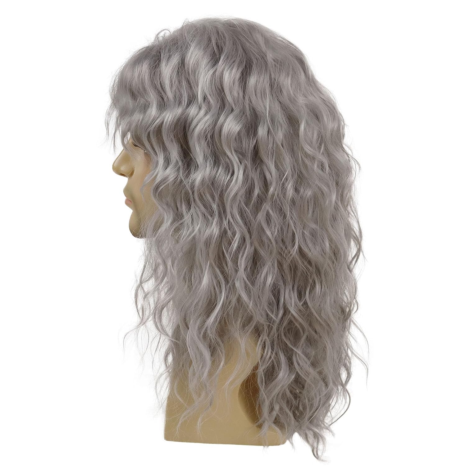GNIMEGIL 20 inch Long Wavy Wigs Unisex Adult Men Women Long Curly Gray Wig with Bangs 70s 80s Rocker Mullet Halloween Costume Cosplay Wigs