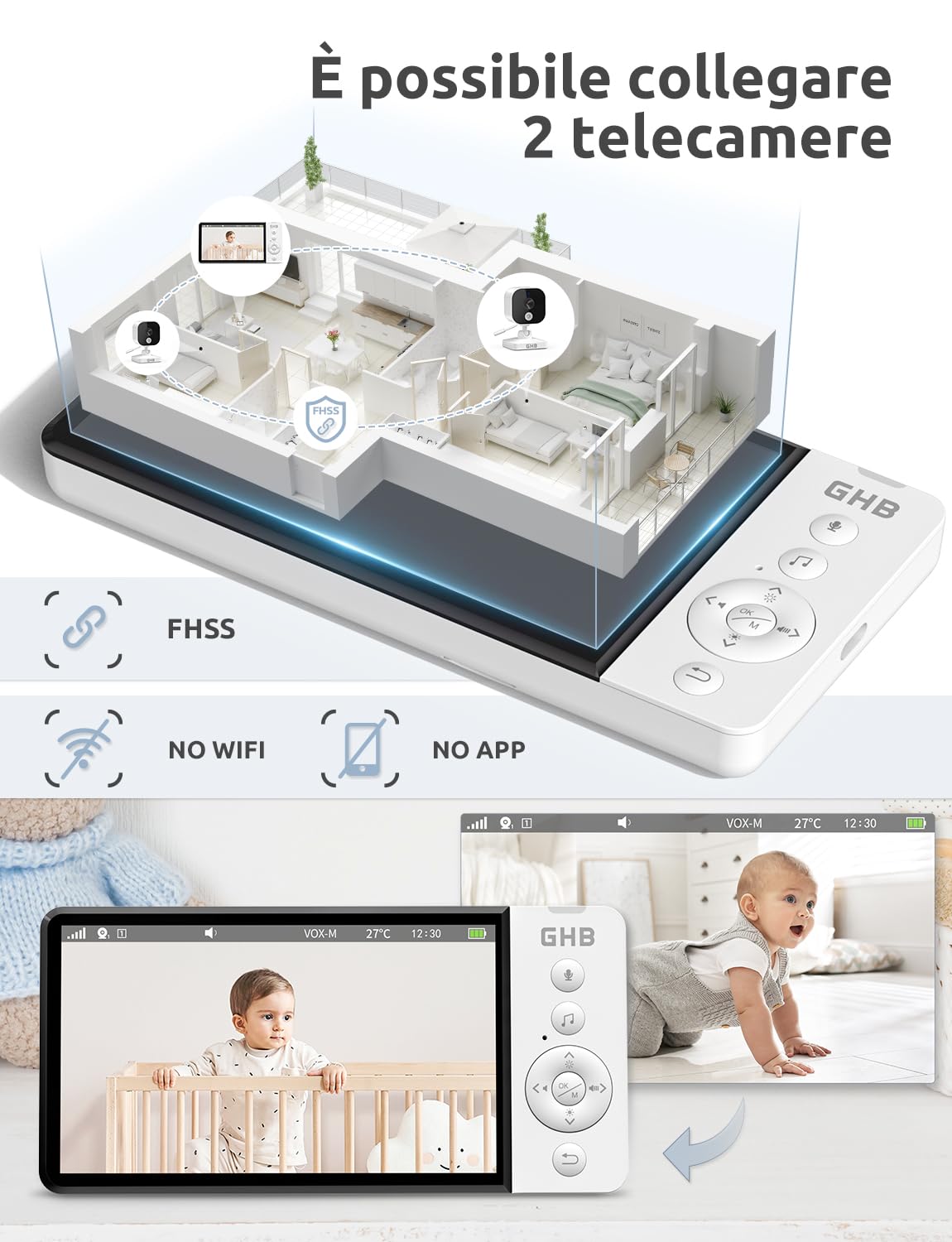 Baby Monitor Video Audio 5" Schermo IPS 5000mAh Visione Notturna Sensore Temperatura VOX Ninnananna