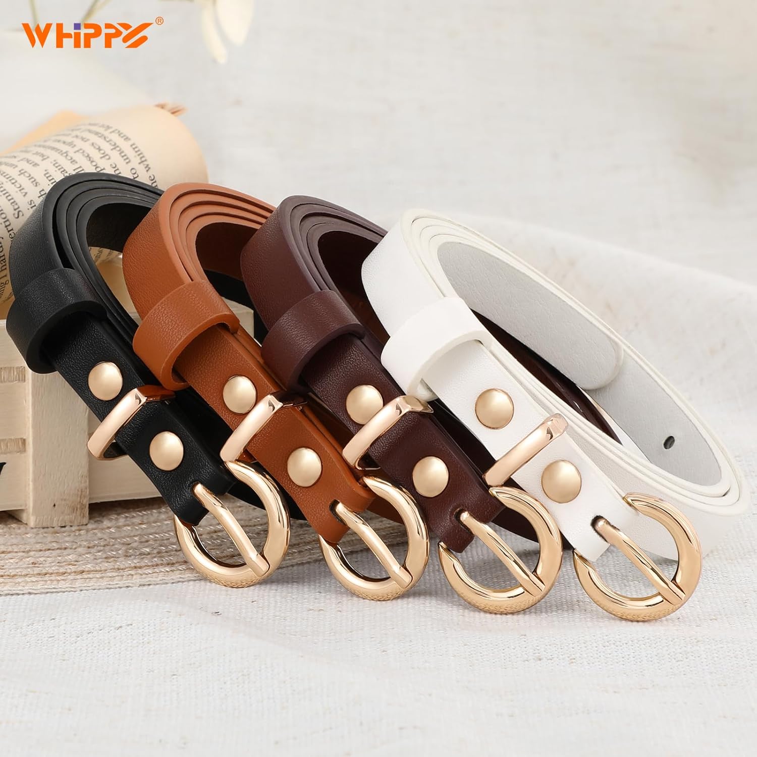 WHIPPY Set of 4 Women Skinny Leather Belt Thin Waist Belt with Metal Buckle for Pants Jeans Dresses - Image 7