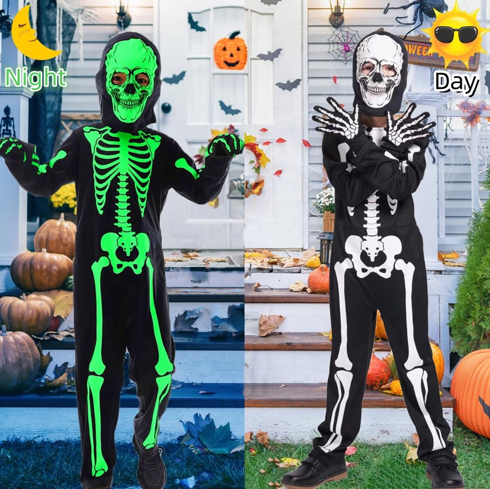 Wbesty Skeleton Costume Kids Glow in The Dark Boy Girls Halloween Scary Bodysuitwith Skeleton Hood Gloves, 3/5Y - Image 4