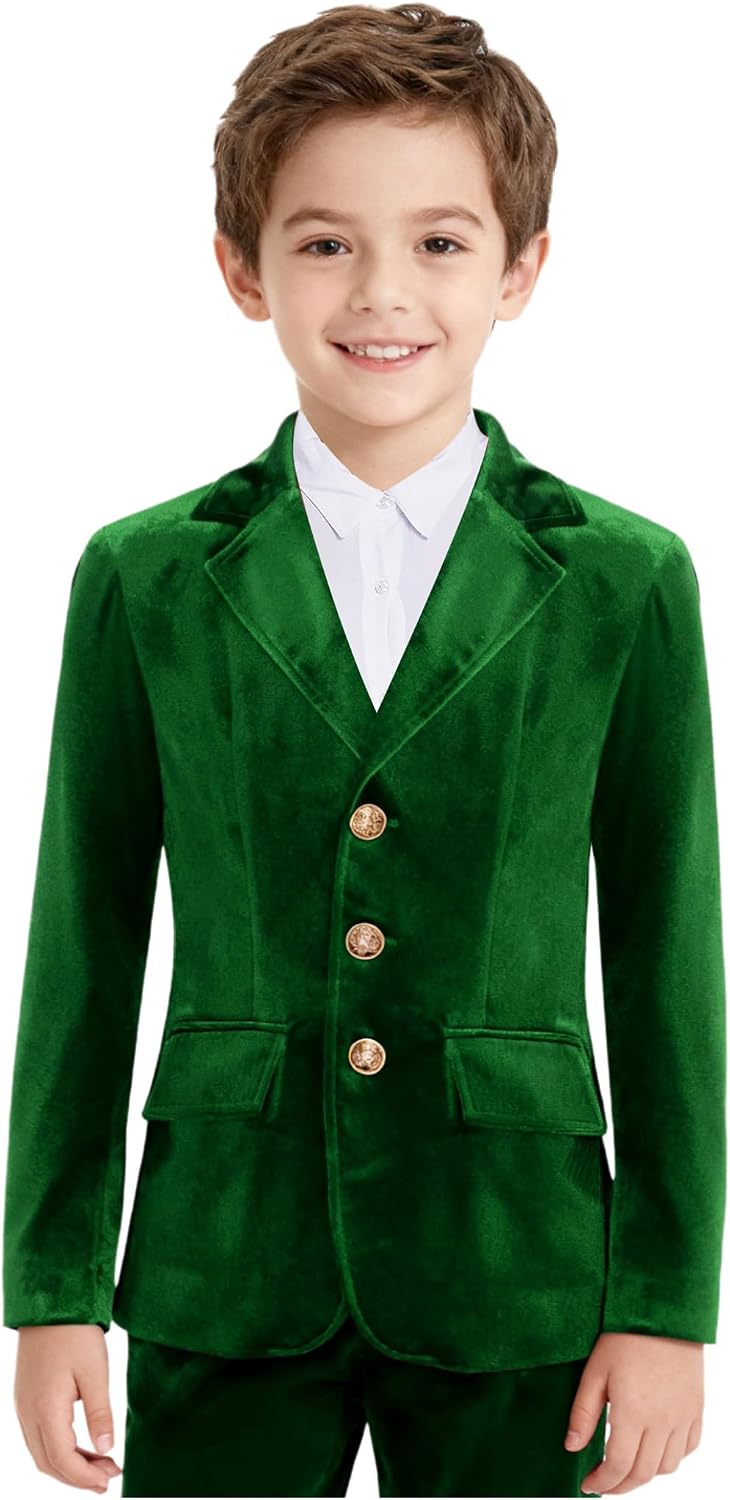 DINORMIN Kids Boys Velvet Blazer Single Breasted Suit Button Down Jacket for Special Occasions