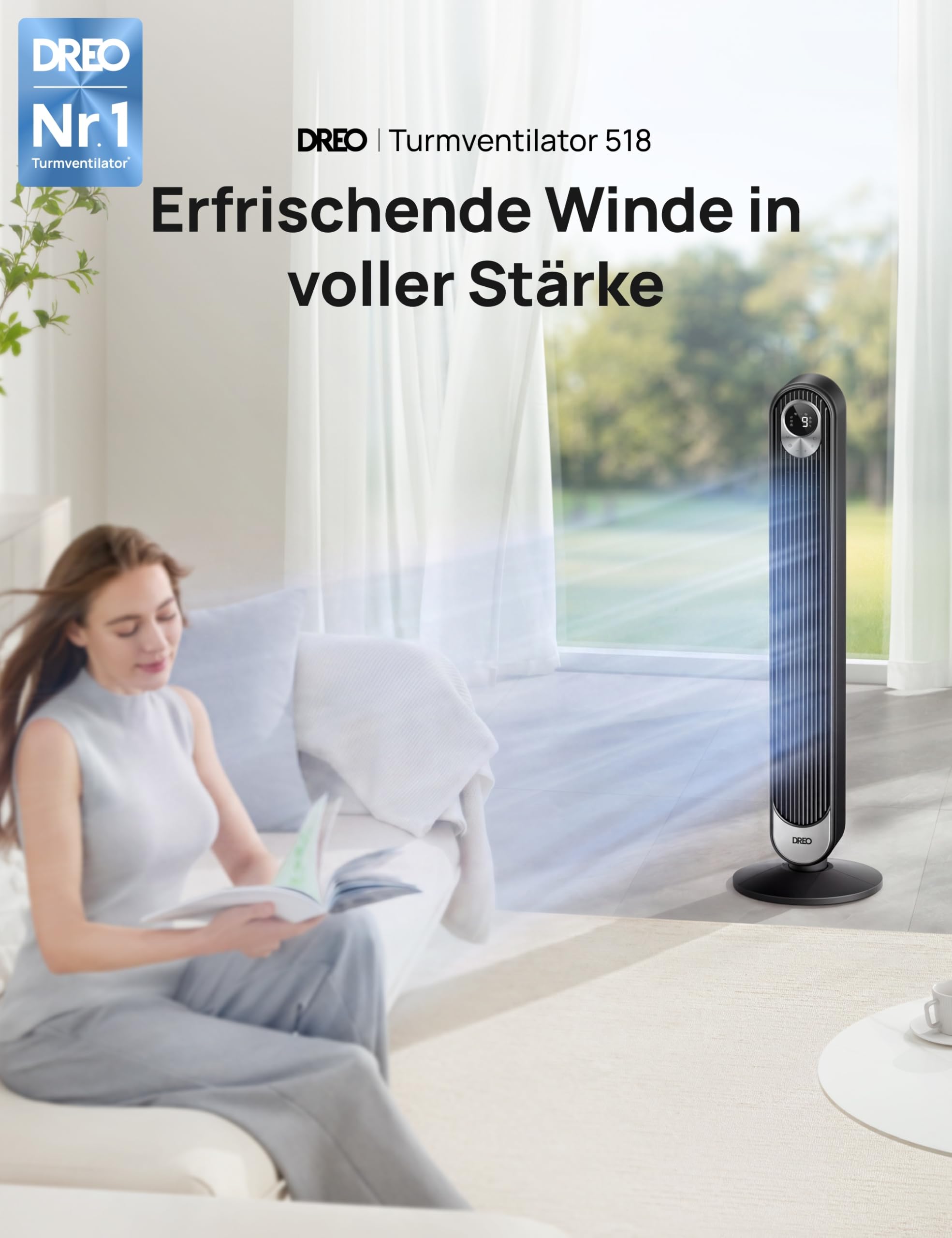 DREO DC Motor Turmventilator Leiser, 11M Windentfernung, 9 Stufen 4 Modi, 90° Oszillierender Standventilator mit Fernbedienung, 12H Timer