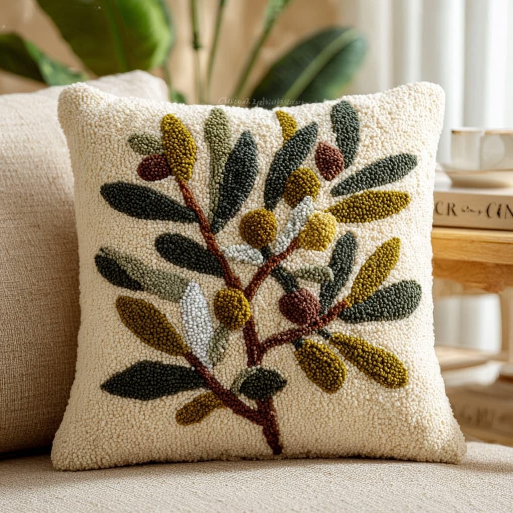 AxiangziK Latch Hook Pillow Kit,Olive Branch DIY Cushion Cover 43X43Cm