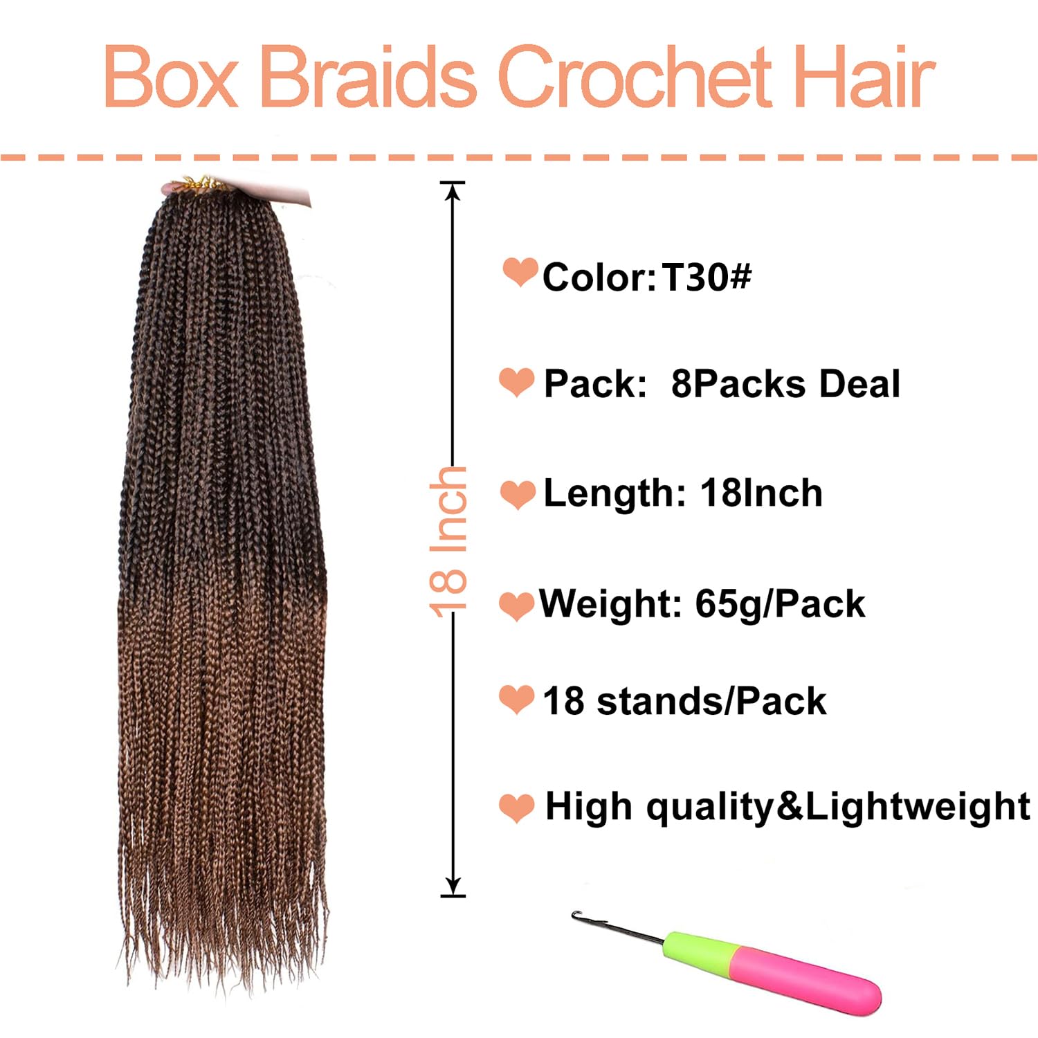 Mscat 8 Packs 18 Inch Box Braids Crochet Hair Pre-looped Knotless Medium 3X Braids 144 Strands Synthetic Crochet Hair for Women (T30#) - Image 2