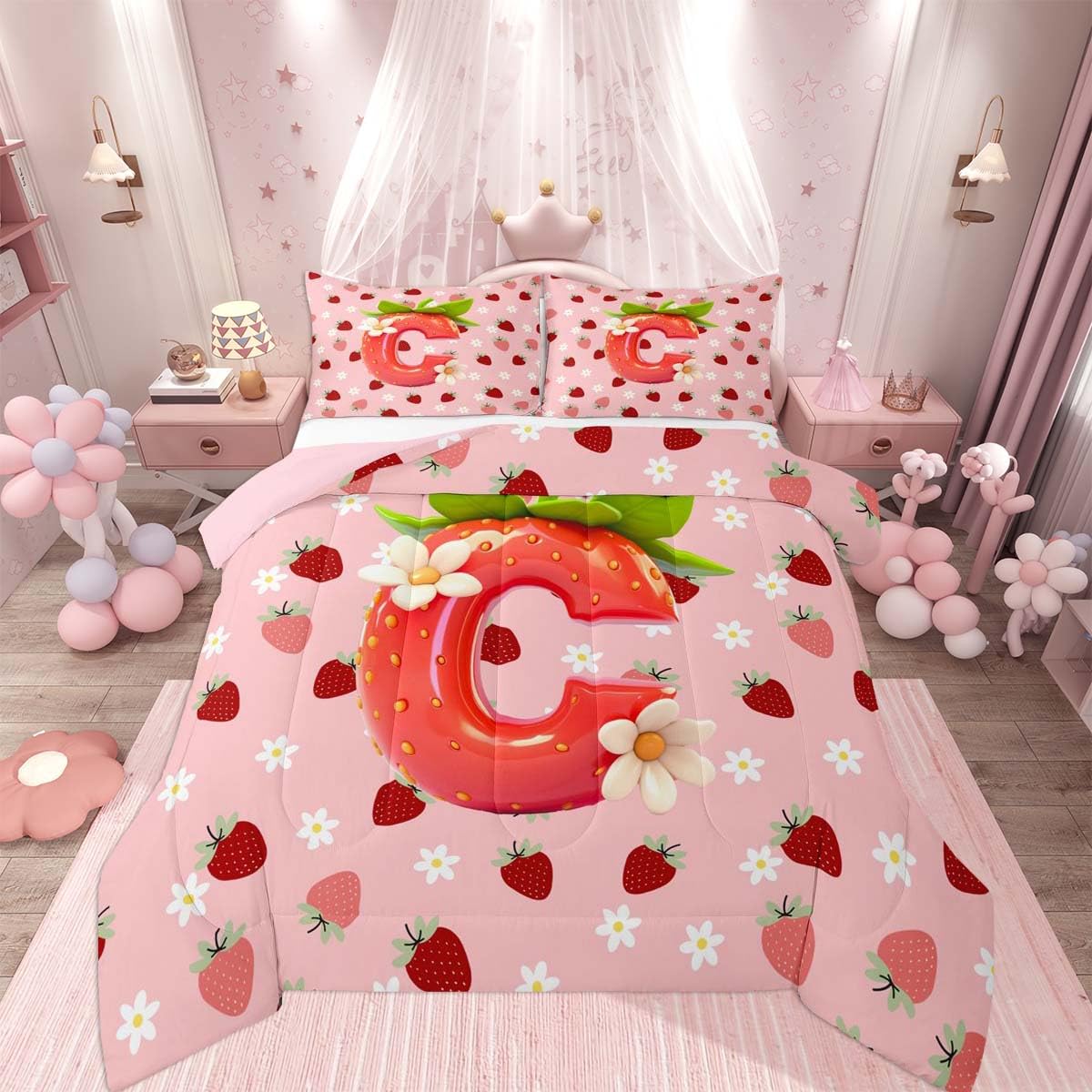 Feelyou Girls Pink Red Strawberry Kids Comforter Set Queen Size Initial Letter C Bedding Set Princess Strawberry Duvet Quilt for Kids Boys Girls Bedroom Decor Microfiber Ultra Soft Breathable