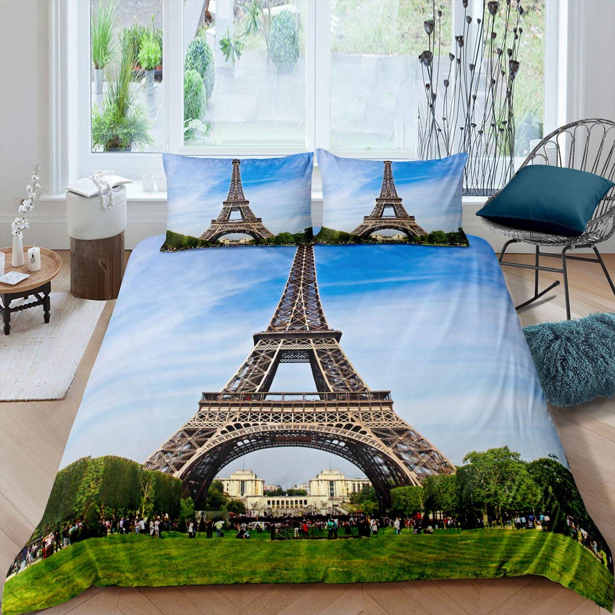 Set Trapunta con motivo Torre Eiffel Chic Parigi a tema piumone per bambini ragazzi e ragazze Parigi Paesaggio urbano piumino moderno francese dorato nero