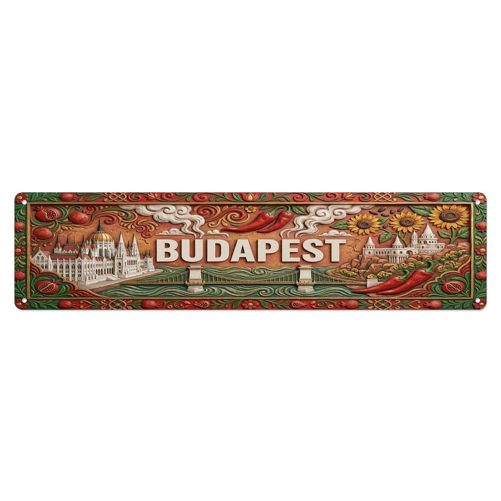 Olhnbad 4X16inch(10X40cm) Vintage Budapest Hungary Flag Pattern Metal Tin Sign