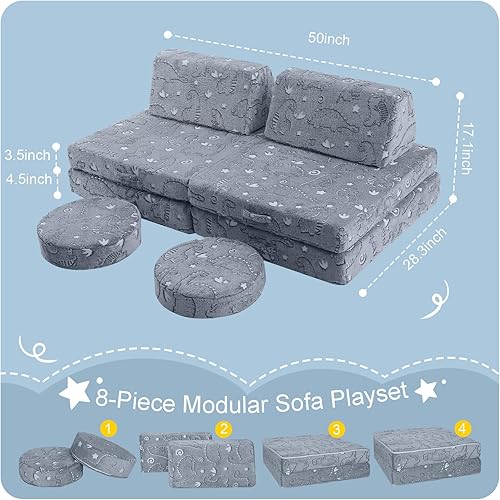Miniatura 5 de Sofá modular para niños MeMoreCool  Sofá de dinosaurio de 8 piezas que brilla en la oscuridad para niños pequeños convertible en fuerte constructor