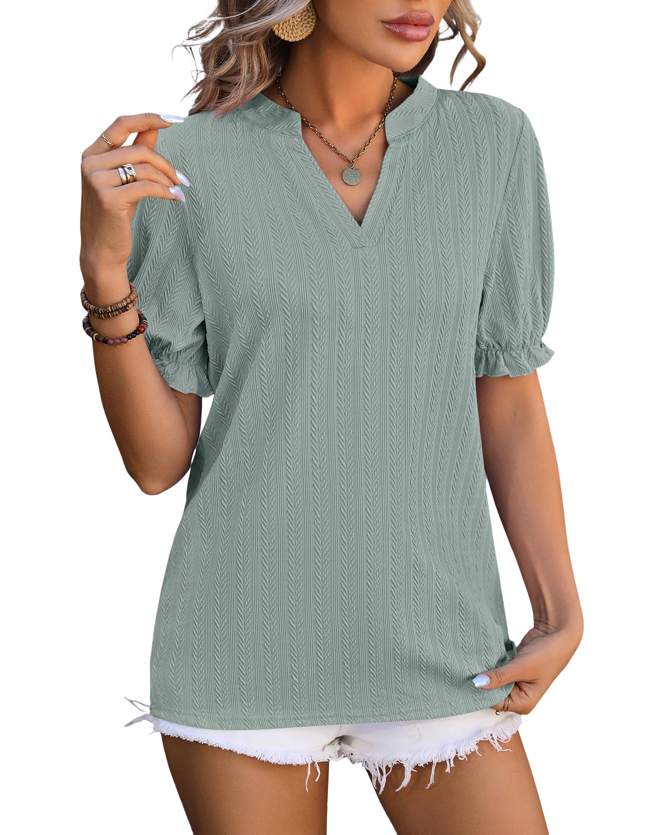 Atxnn Blusa Mujer de Manga Corta Puff Camiseta con Cuello en V Camisa Elegantes de Verano Top de Trabajo para Fiestas