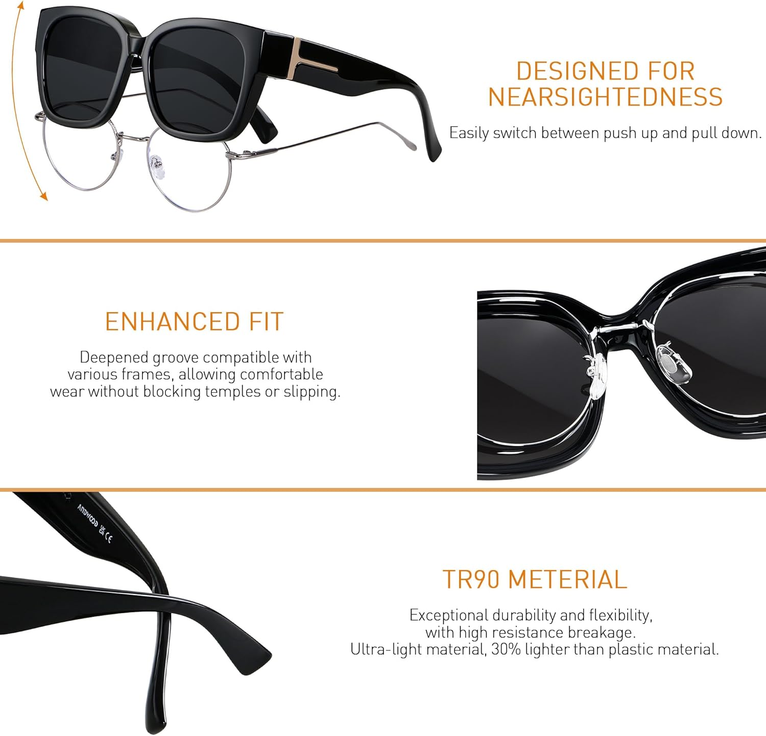 ANDWOOD Polarized Sunglasses Fit Over Glasses for Women Men Oversized Square Shades UV400 Protection - Image 3