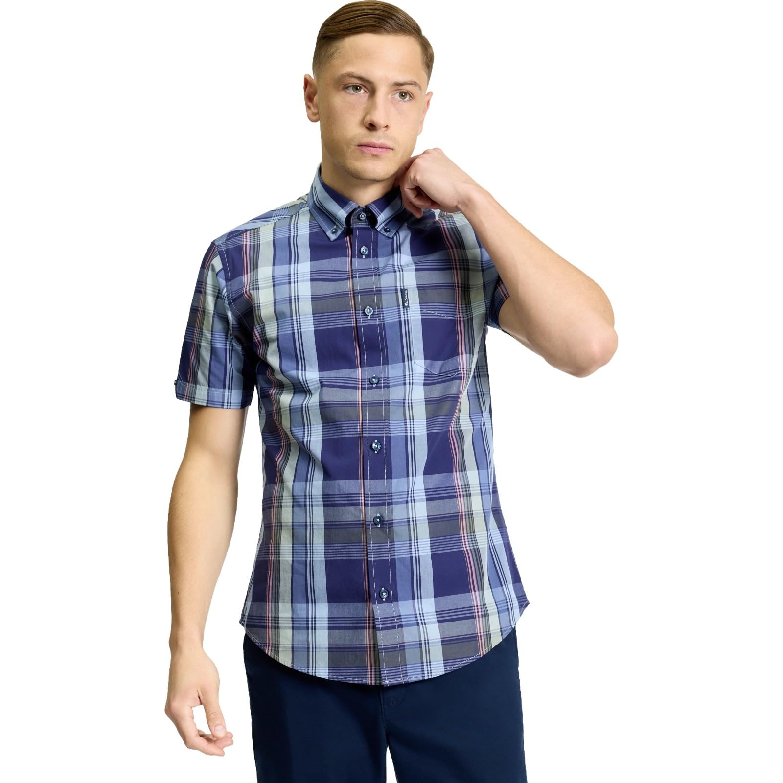 Ben Sherman Men's Twilight Denim Block Check Short Sleeved Shirt (Uk, Alpha, L, Regular, Regular, )