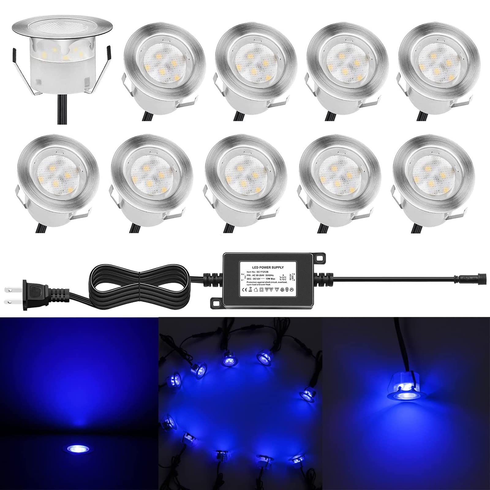 Low Voltage LED Deck Lighting Kit Stainless Steel 1W Waterproof Outdoor Yard Garden Decoration Lamps Landscape Pathway Patio Step Stairs LED In-ground Lights Silver Border(10pcs,Blue) Blue 10pcs(Silver Border)