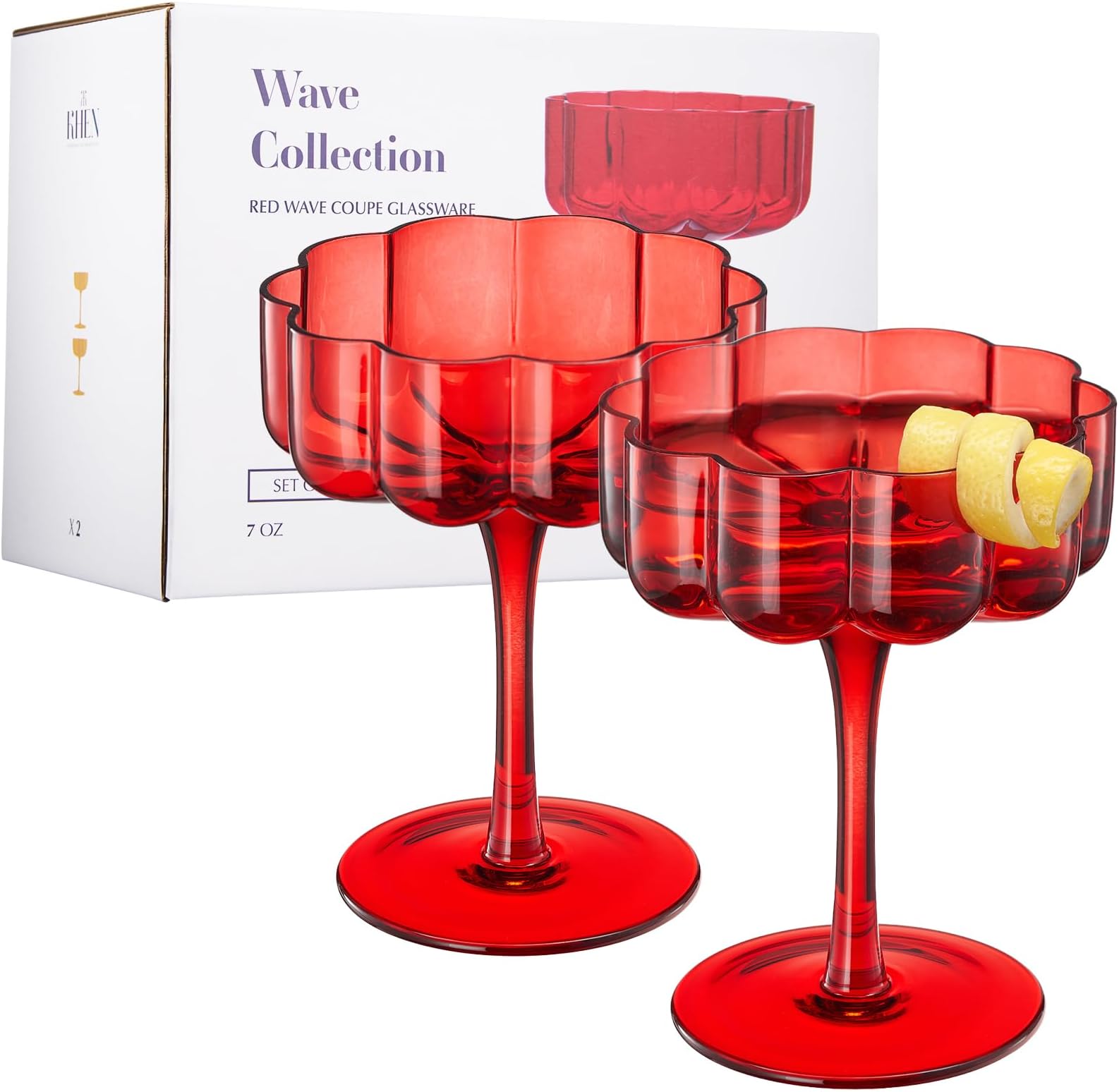 Khen Flower Vintage Wavy Glass Coupes Martini, Champagne & Cocktail Coupes - Set of 2-7oz Colorful Cocktail Glasses & Champagne, Prosecco, Mimosa Glassware Copyright Design - Crimson Scarlet