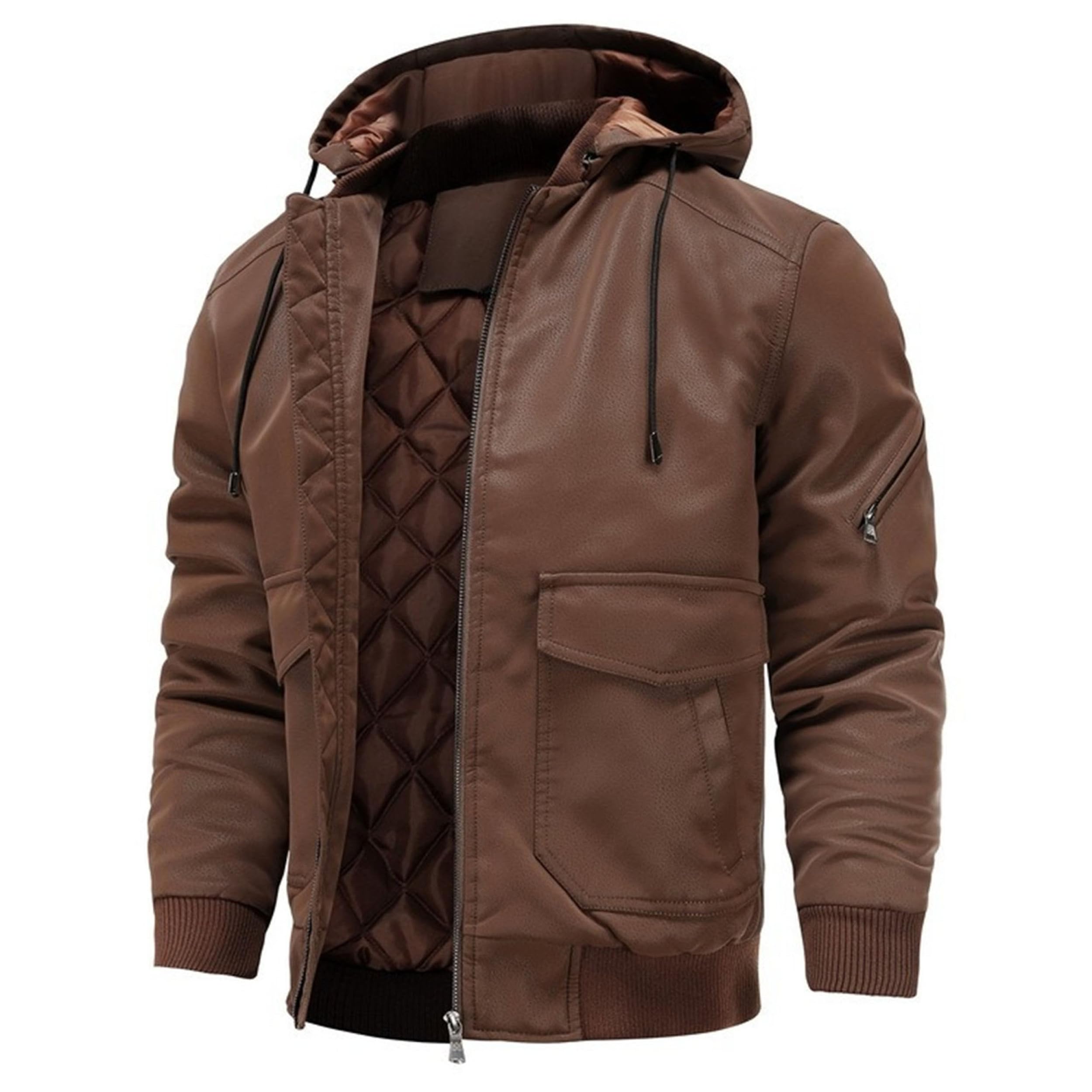 Abrigos para hombre Chaqueta bomber de motociclista con cremallera de piel sintética para hombre con capucha extraíble