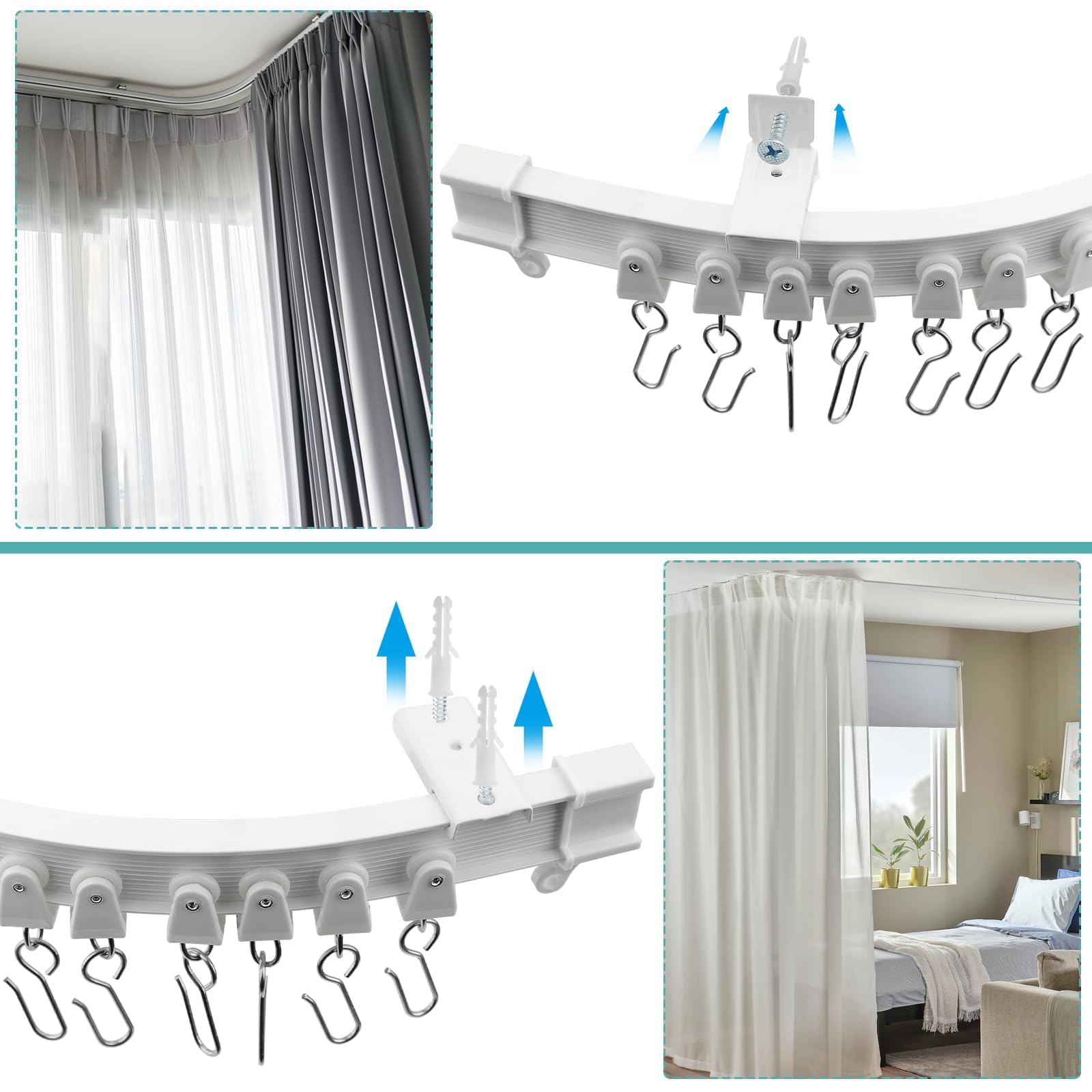 SWTYExt Binario Tenda Soffitto 3m Binario per Tende a Soffitto Flessibile Bianco PVC con Pulegge Silenziose per Separazione Degli Ambienti Camera da Letto Tende Balcone Ufficio Camper