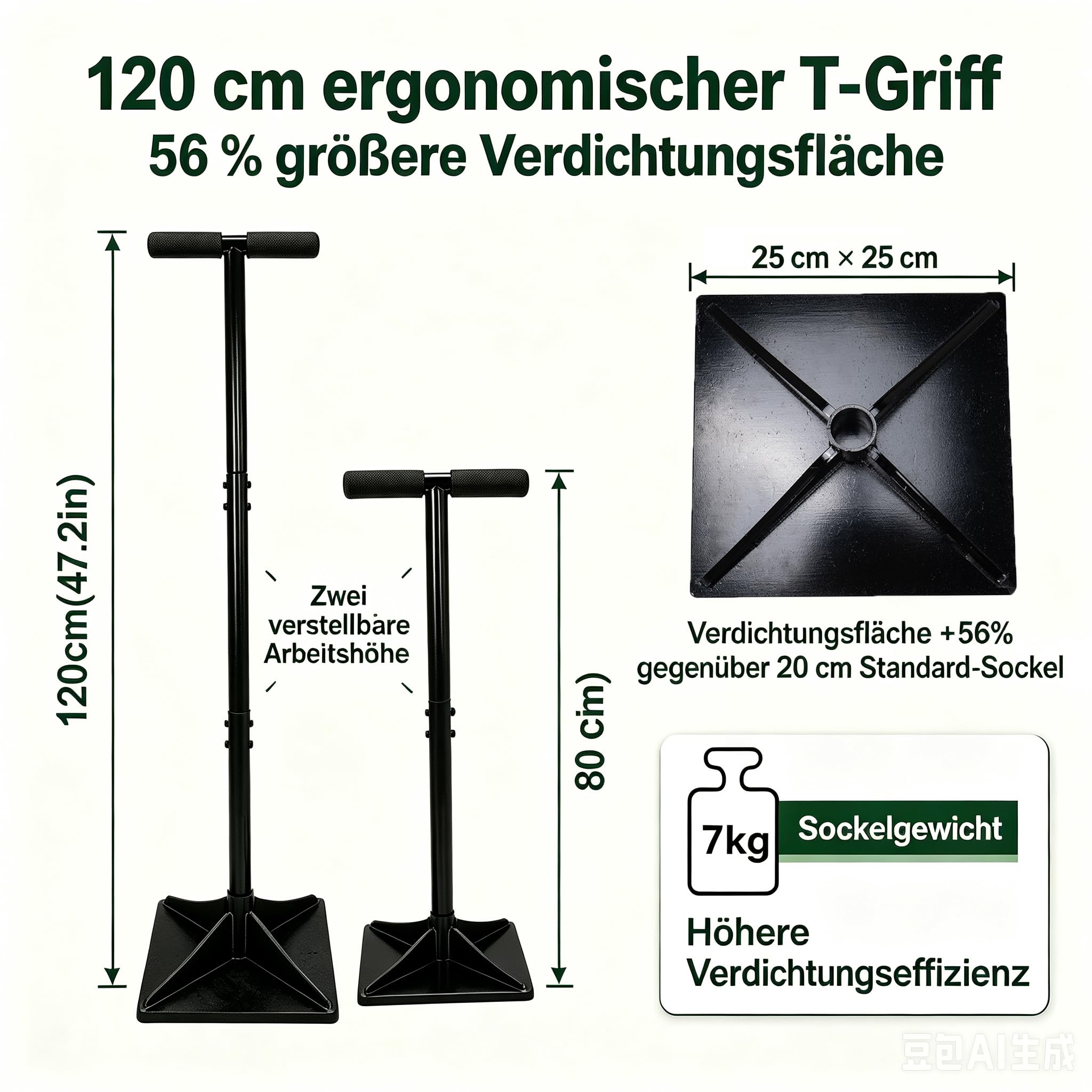 Handstampfer mit 120cm Griff, 25x25cm Stampfer Bodenverdichter mit T-Griff zum Verdichten und Handschuhe, Manuelle Rüttelplatte für Gartenarbeit Bodenmontage