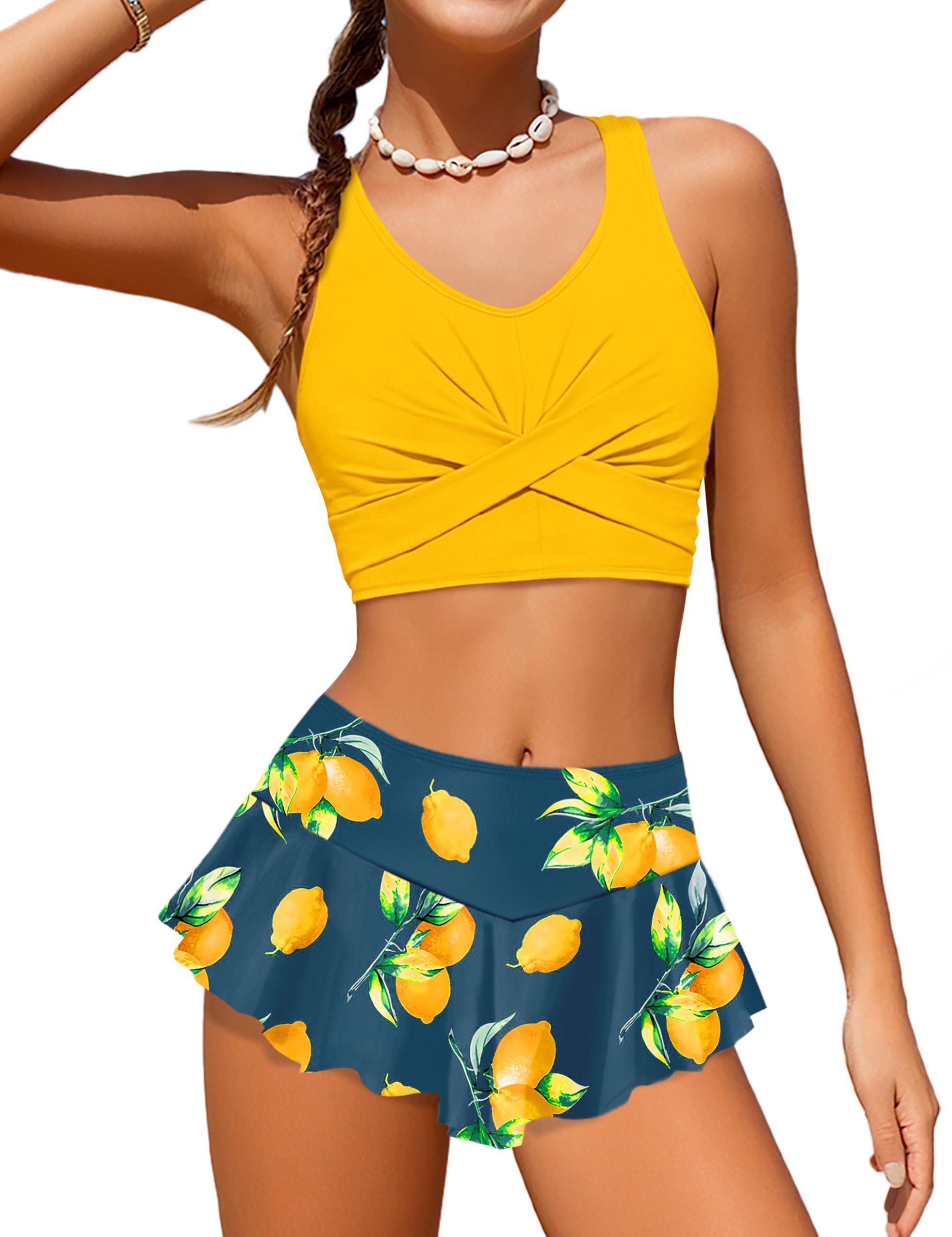 Qaoerde Girls Swimsuit Tropical Print Bikini Set with Ruffle Hem Two Piece Criss Cross Bathing Suits for Girls 7-16 Years
