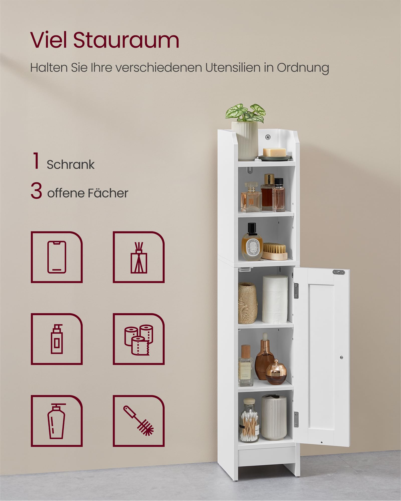 VASAGLE Badezimmerschrank klein, Badschrank schmal, stehend, mit Tür und Regal, Kleiner Schrank für Toilettenpapier, Toilettenschrank, verstellbare Ablagen, 20 x 18 x 92 cm，wolkenweiß BBC311W01