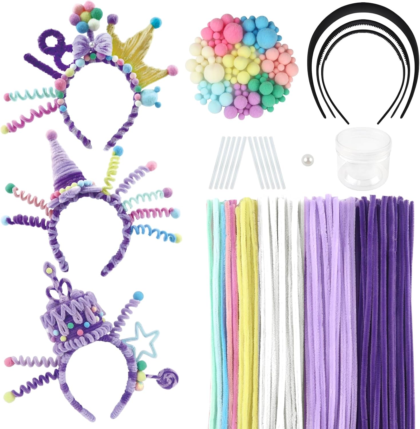 TOAOB 330pcs Purple Birthday Headband Pipe Cleaners Headbands Hoop Clips Fluffy Kit Include Instructions Chenille Stems Craft Supplies for Holiday Party Headwear Decorations