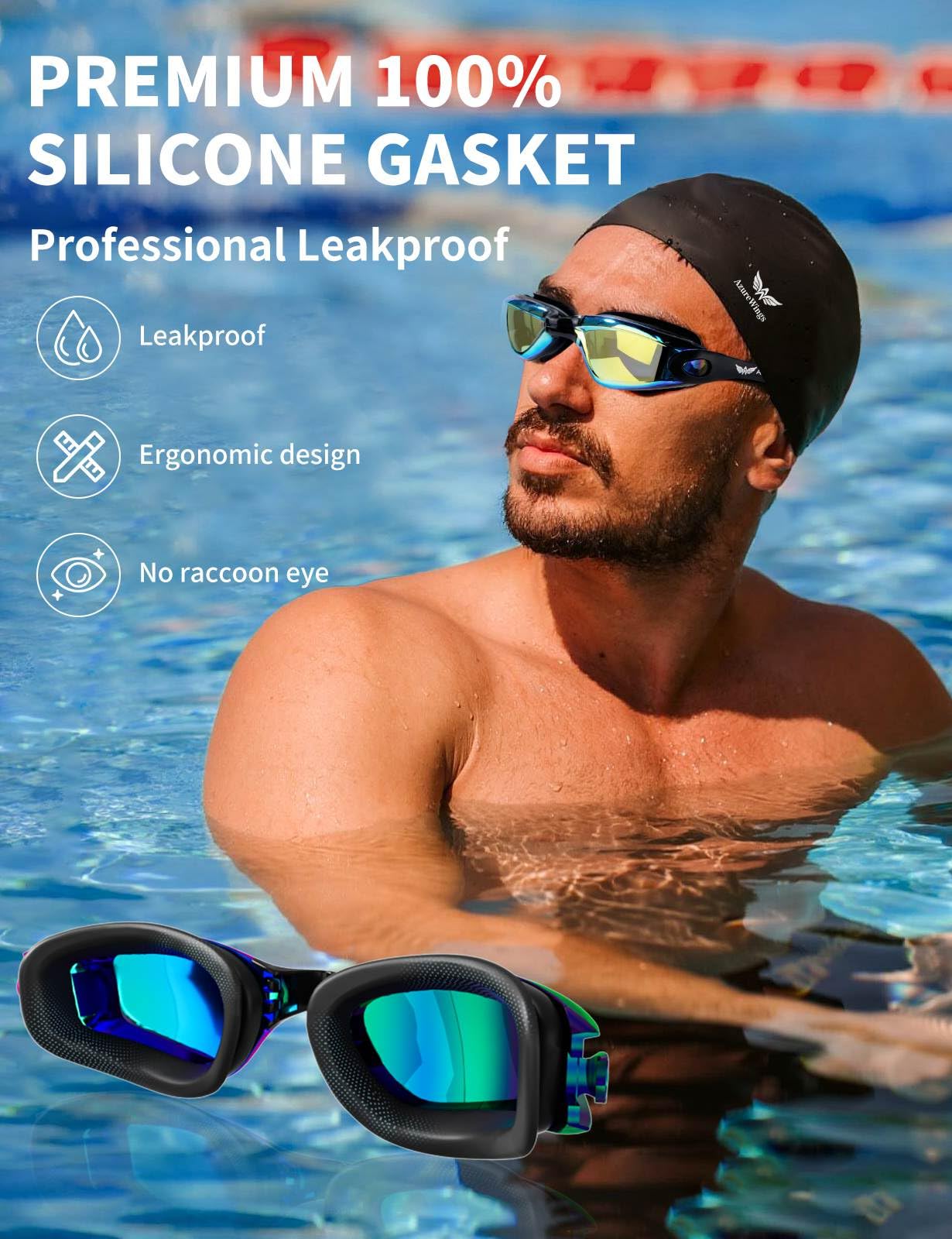 Occhialini da nuoto 7 in 1 + cuffia da nuoto per uomini e donne, nessuna perdita, anti-appannamento e UV, lenti in policarbonato ad alta visibilità HD a specchio