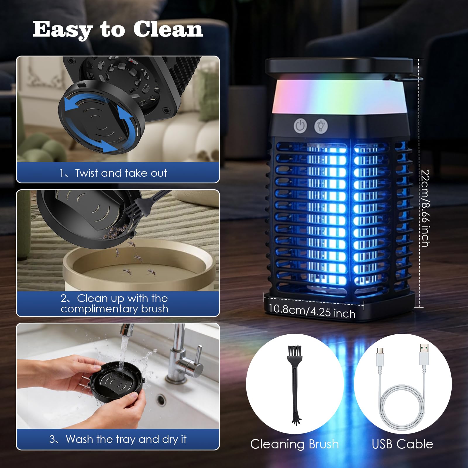 Qoosea Anti-Moustique Solaire Électrique, Lampe Tue-Moustiques avec Grille 4200V Recharge USB-C Batterie 4000mAh IP65 Étanche Piège à Insectes pour Maison Cuisine Chambre Jardin Intérieur et Extérieur