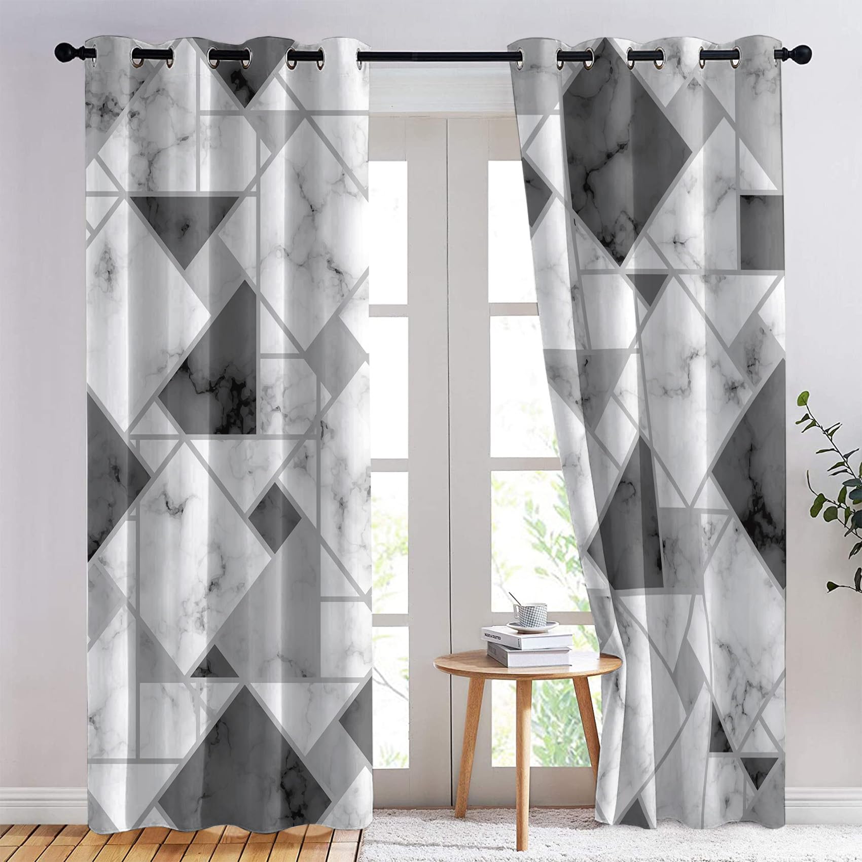 Rideau Occultant Marbre, Rideaux Thermiques à Oeillets pour Chambre, Motif Noir Blanc Et Gris Rideaux Salon, Moderne Lot de 2 Décoration de Fenêtre Rideaux 140x260cm LxH (GR-&223)