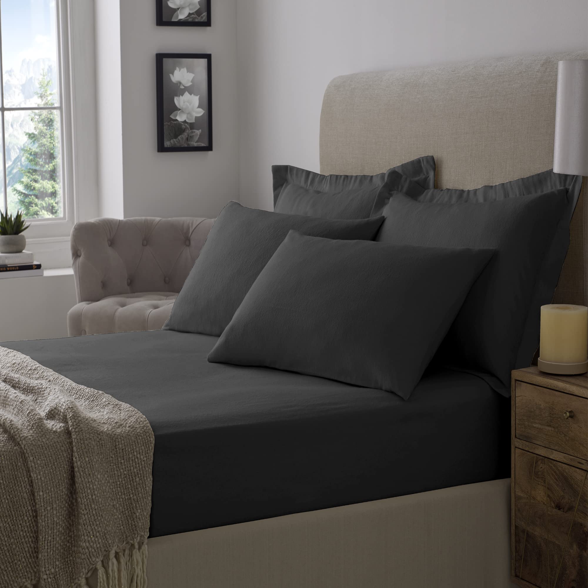 Flannelette 100% Brushed Cotton Soft 16"/40CM Extra Deep Fitted Sheets (Super King, Black)