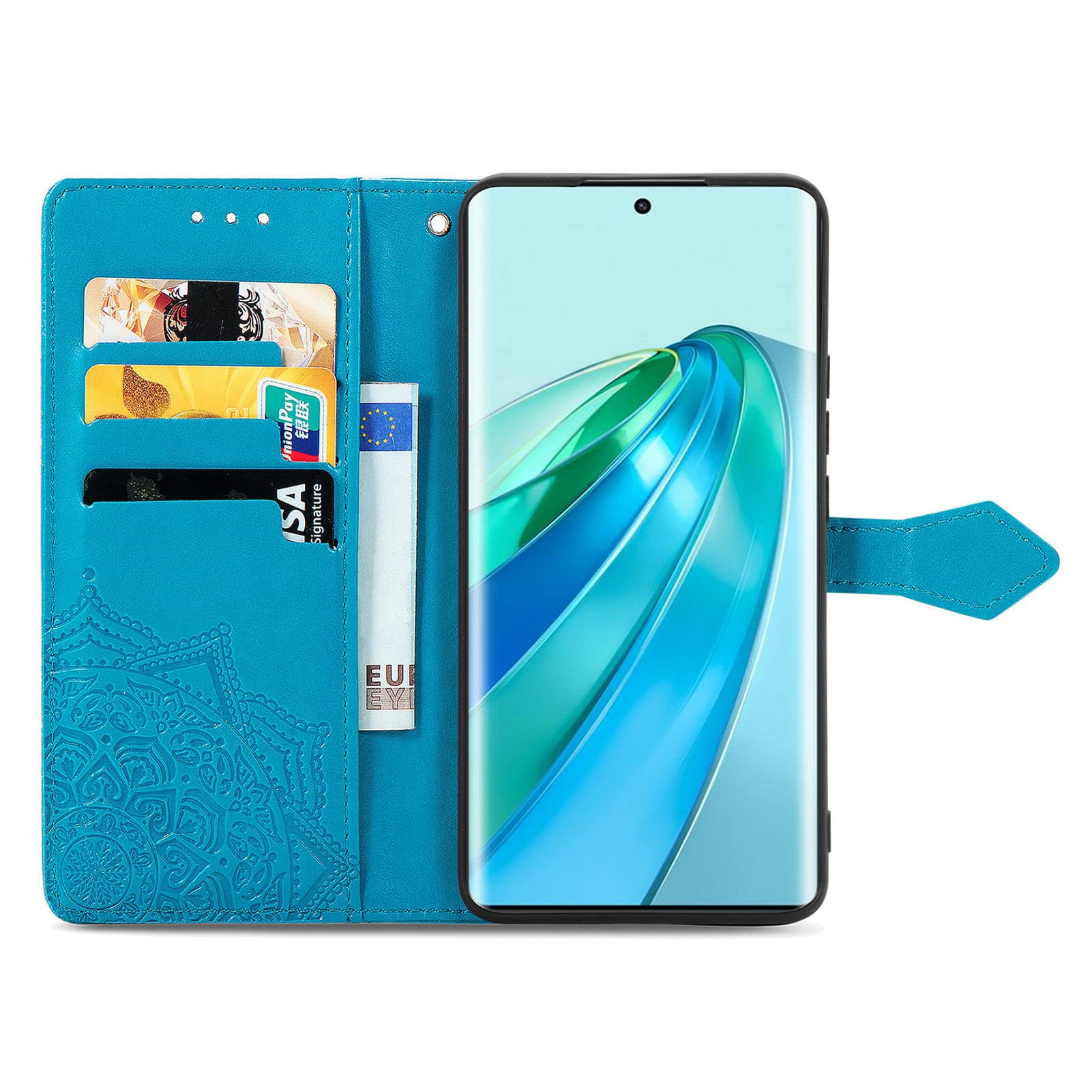 Custodia Portafoglio A Libro In Pelle Con Mandala Per Honor Magic 5 Lite 5G - Cover Con Porta Carte, Cavalletto E Cinghia, Colore Blu - 4