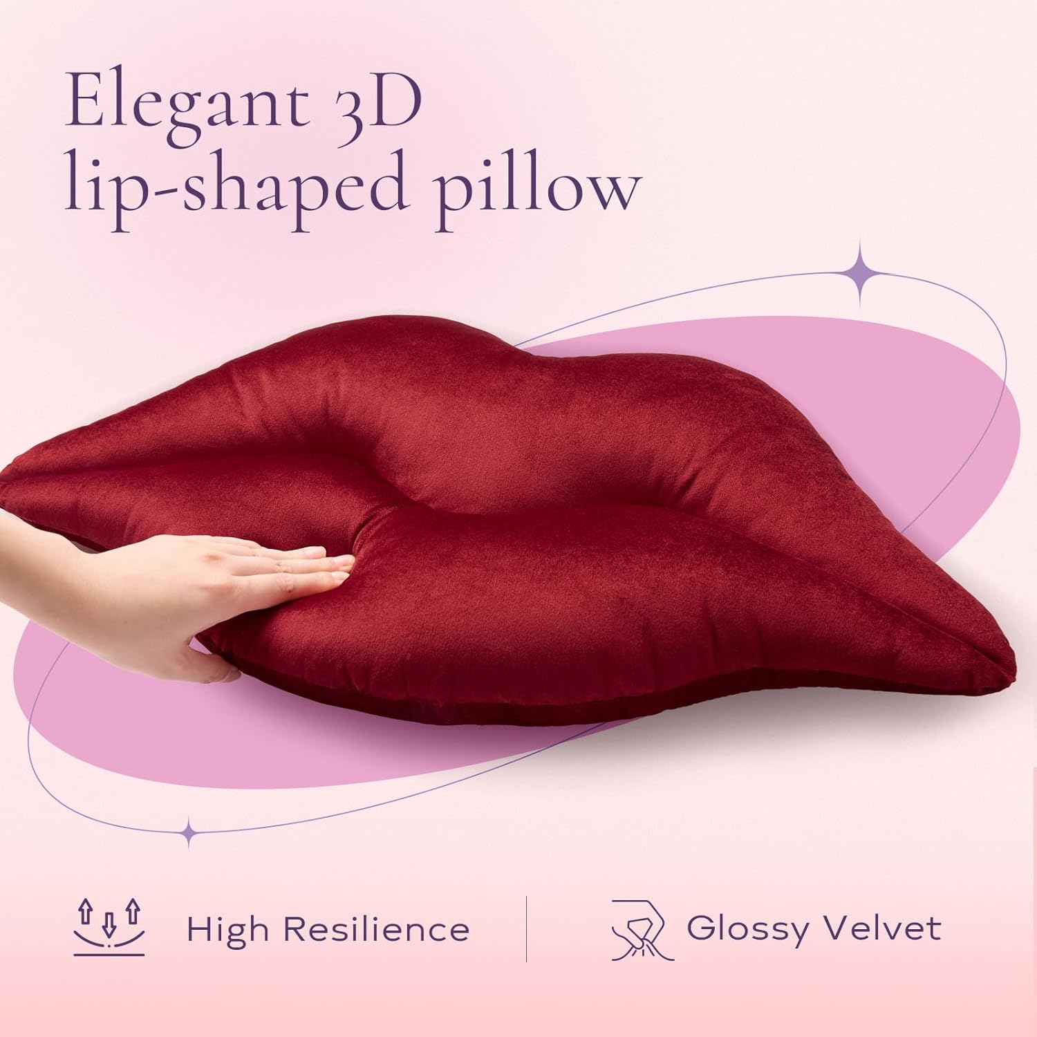 Ashler Upgraded Glossy Velvet Lip Shape Throw Pillow, Delicately Soft, Glossy Shimmering and Brilliant with Velvet Backing for Sofa, Bed and Living Room, Red, 24 X 12 Inches thumbnail