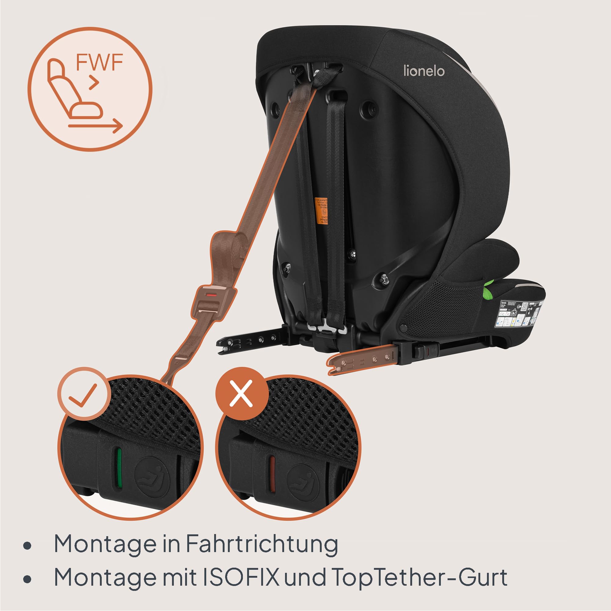Lionelo Billy i-Size Kindersitz 76–150 cm (ab ca. 15 Monate–12 Jahre) | R129, ISOFIX & Top Tether oder Fahrzeuggurt, 5-Punkt-Gurt 76–105 cm, 10-fach Kopfstütze, Seitenaufprallschutz