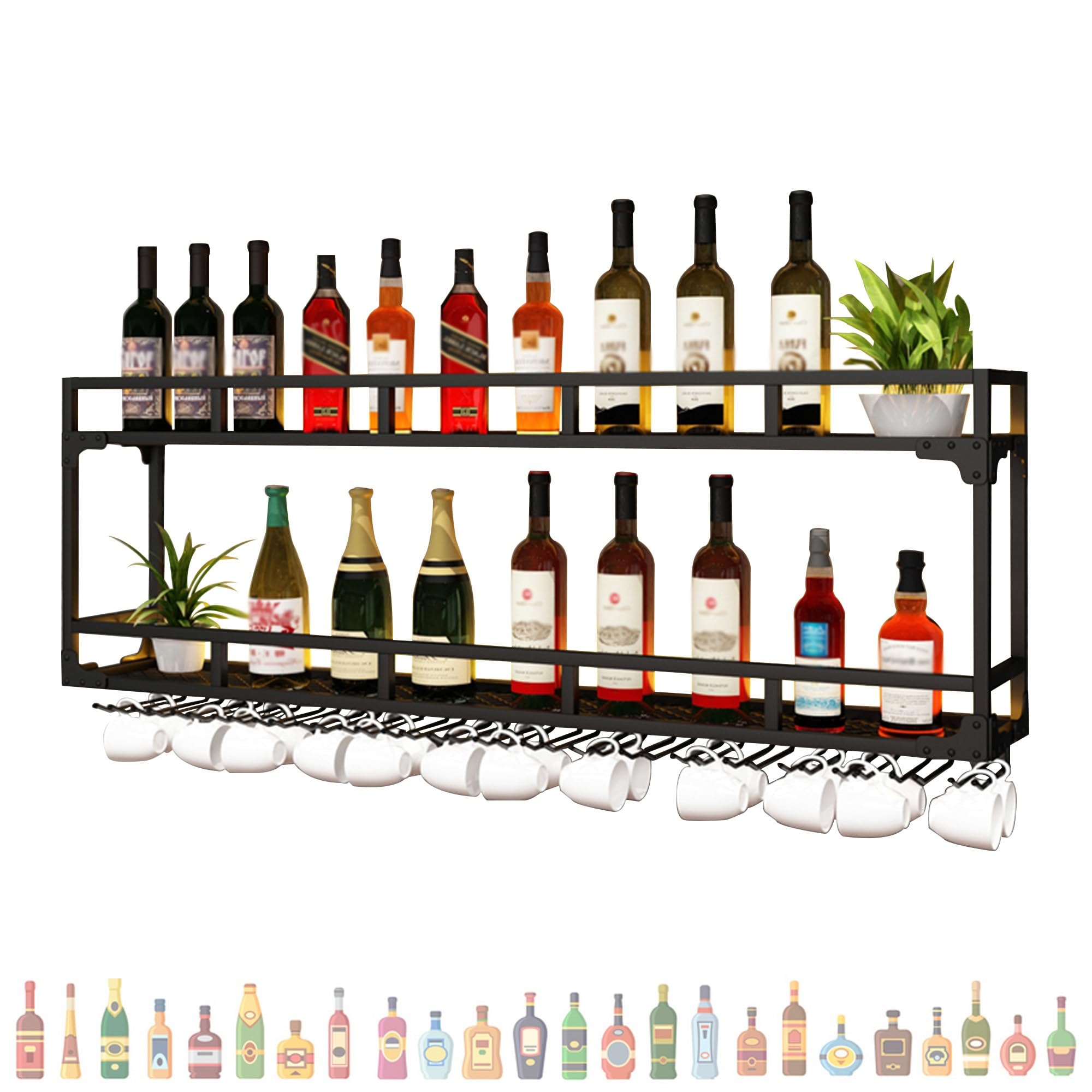 Porte Bouteille Casier à Bouteilles Mural avec Lumière Range Bouteille Etagere Murale Meuble Bar avec Support Verre a Pied Suspendu pour Comptoir de Bar Salon Cuisine Cave(Nero,80*25*54cm)