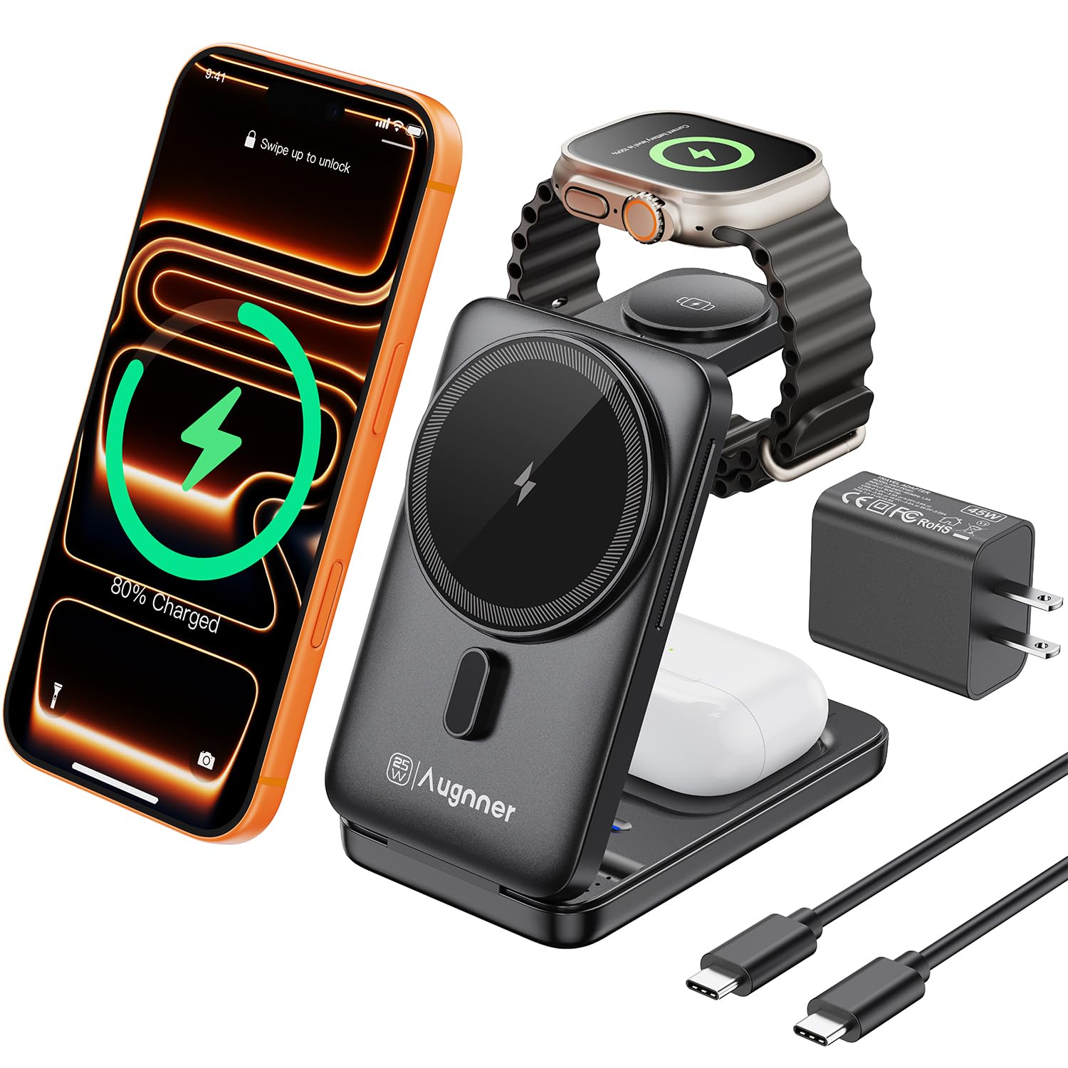 Augnner Station de charge 3 en 1 pour Apple - Ultra rapide 25 W - Station de charge inductive pliable pour iPhone 17/16/15/14/13/12, Apple Watch et AirPods avec adaptateur 45 W